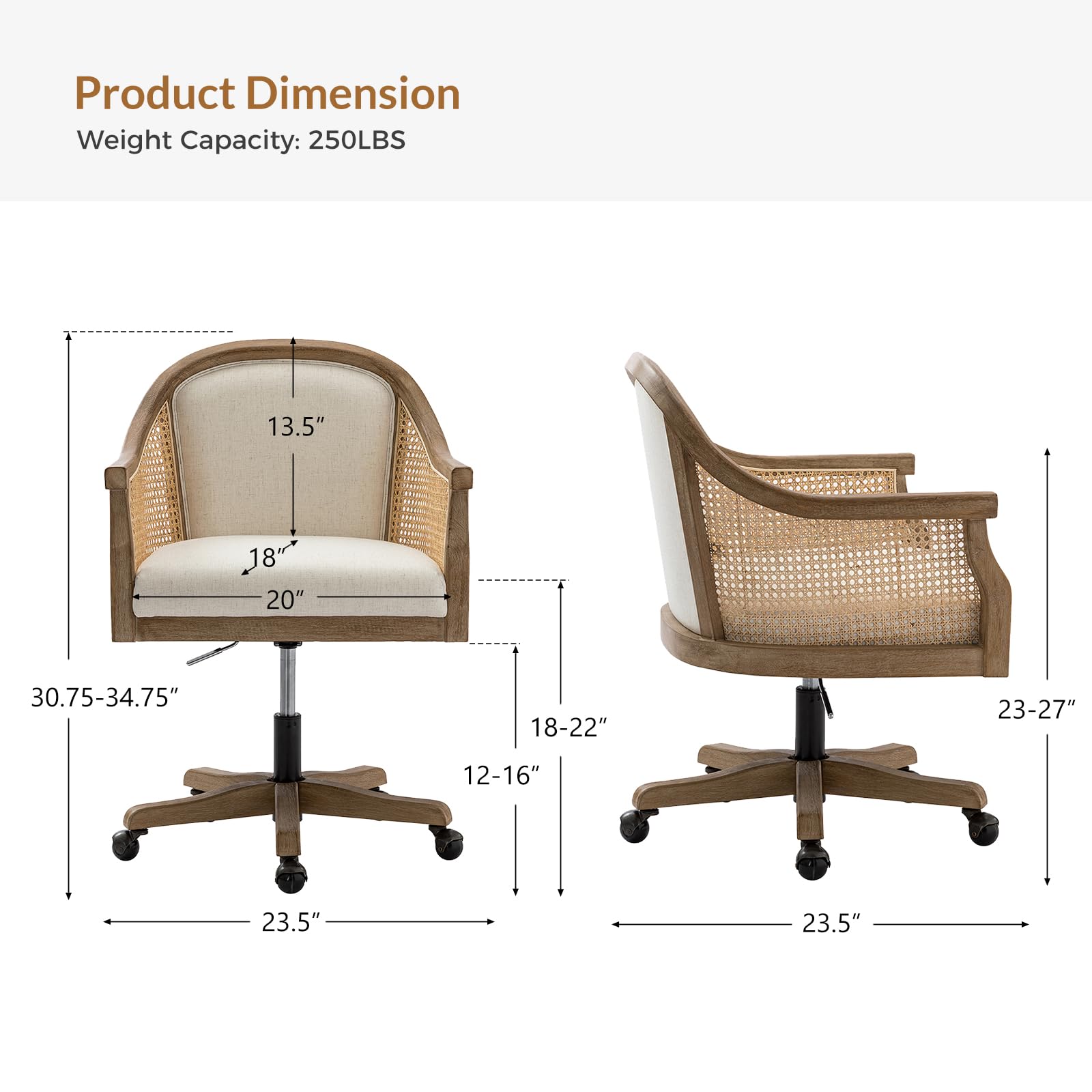 TINA'S HOME Rattan Desk Chair, Upholstered Home Office Chair with Armrest, Adjustable Swivel Rolling Height Computer Task Chair for Living Room Bedroom Study Room, Ivory
