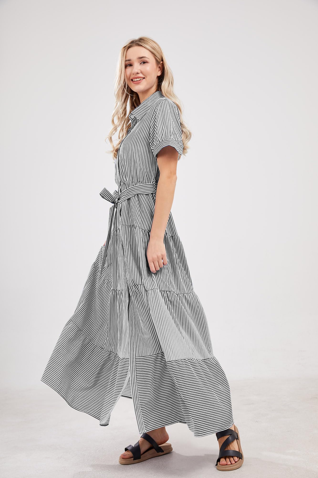 utcoco Womens Casual Short Sleeve Button Down Tie Waist Ruffled Striped Maxi Shirt Dress (Small, Black)