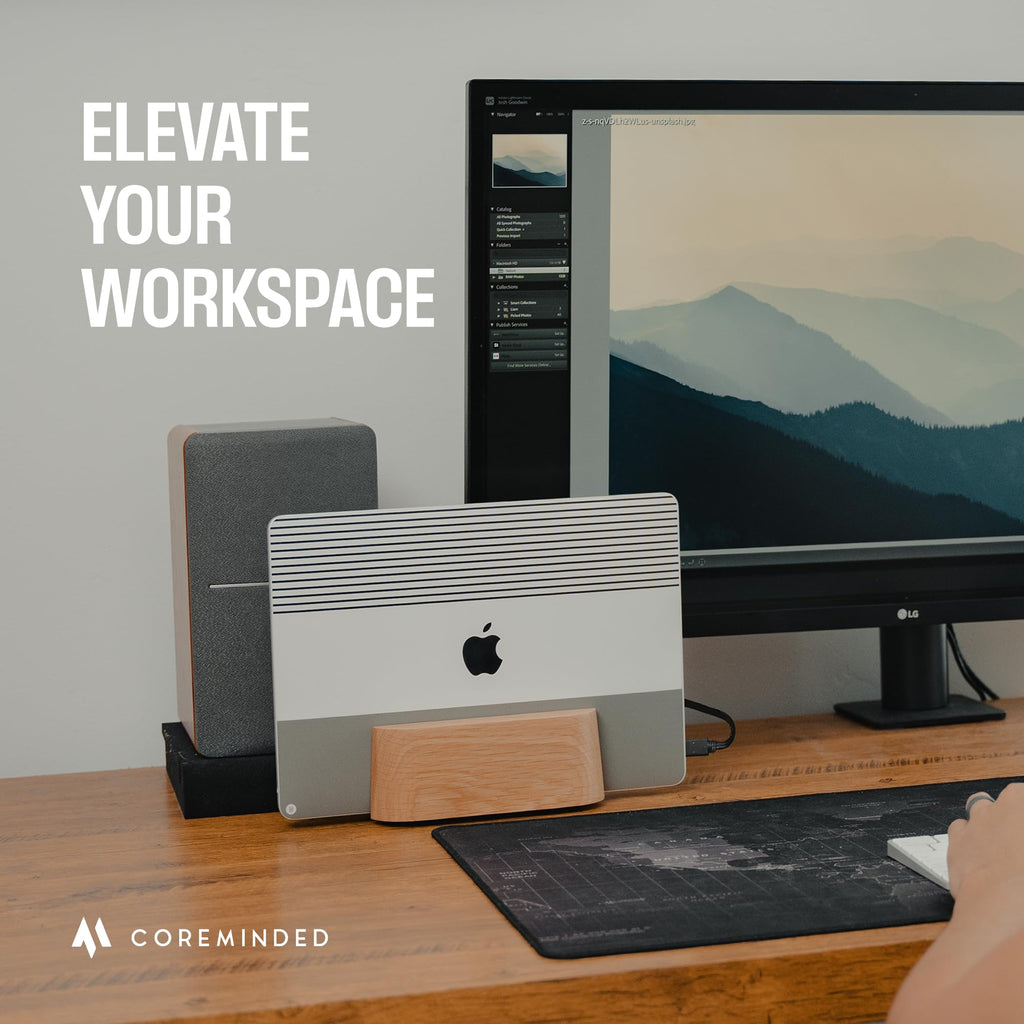 COREMINDED Adjustable Vertical Laptop Stand for Desk, Wooden Laptop Holder, MacBook Pro Stand, Wood Mac Air Dock (Solid Walnut)