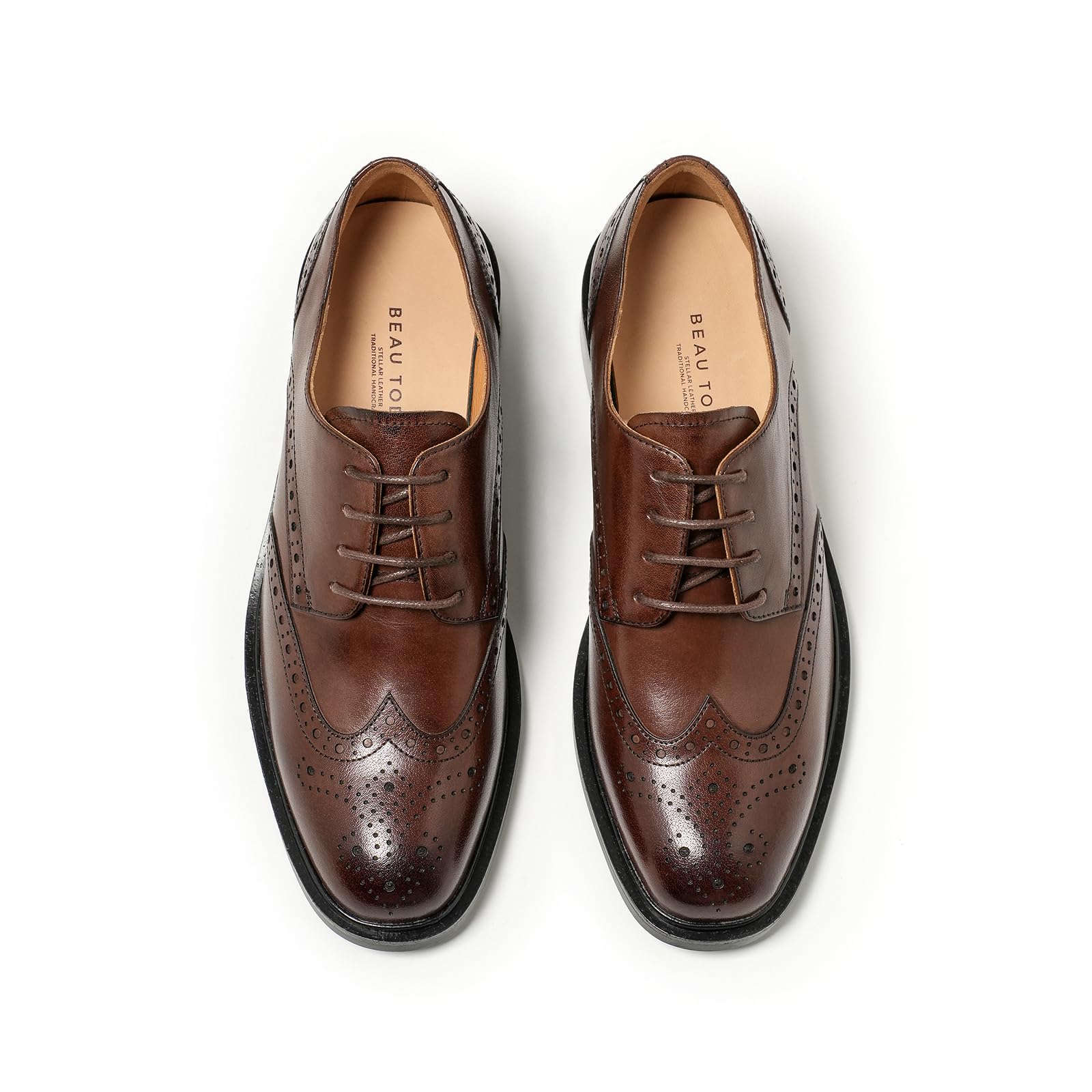 BEAU TODAY Oxford Shoes for Women,Leather Wingtip Dress Shoes,Comfort Brethable Ladies Lace-up Handmade Brogue Formal Oxfords for Business Work Coffee US 5.5