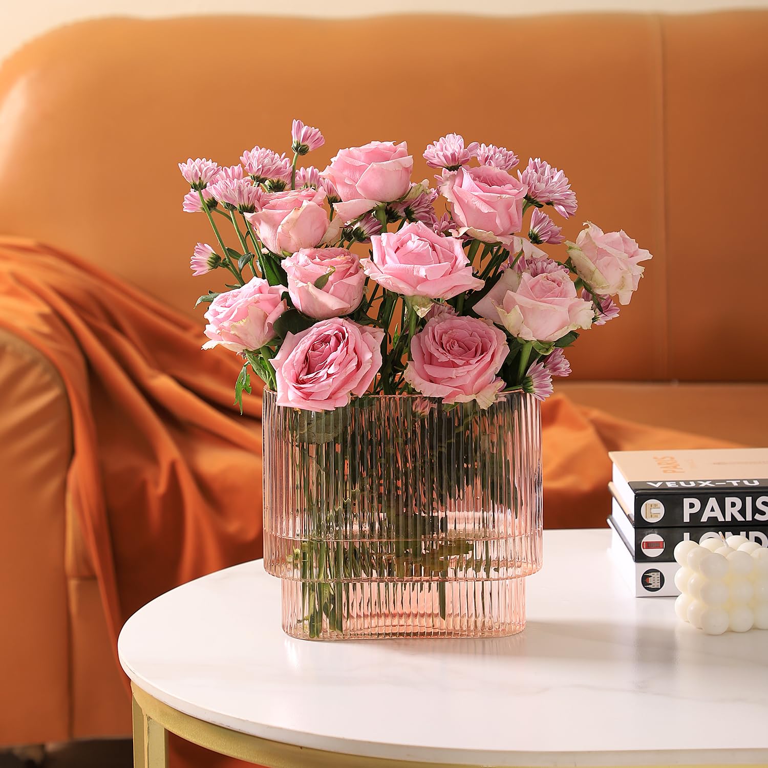 YANWE1 Ribbed Glass Vase, Pink Glass Vase, Fluted Glass Vases for Flower, Pink Modern Vases for Living Room, Dining Room, Bathroom, Desk, Shelf, Wedding, Office, 7 Inches