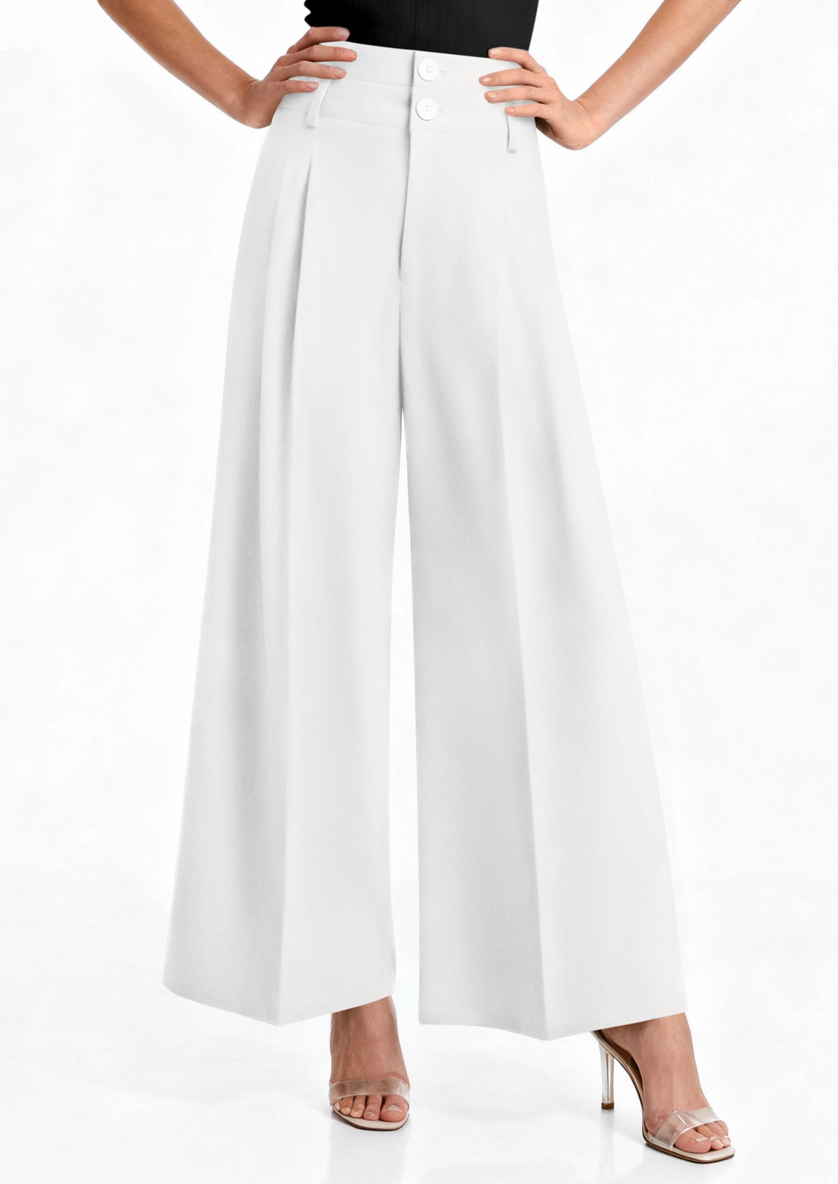 PRETTYGARDEN Womens Spring Wide Leg Palazzo Pants 2026 Trendy Loose Button High Waist Pleated Work Business Casual Trousers (White,Medium)