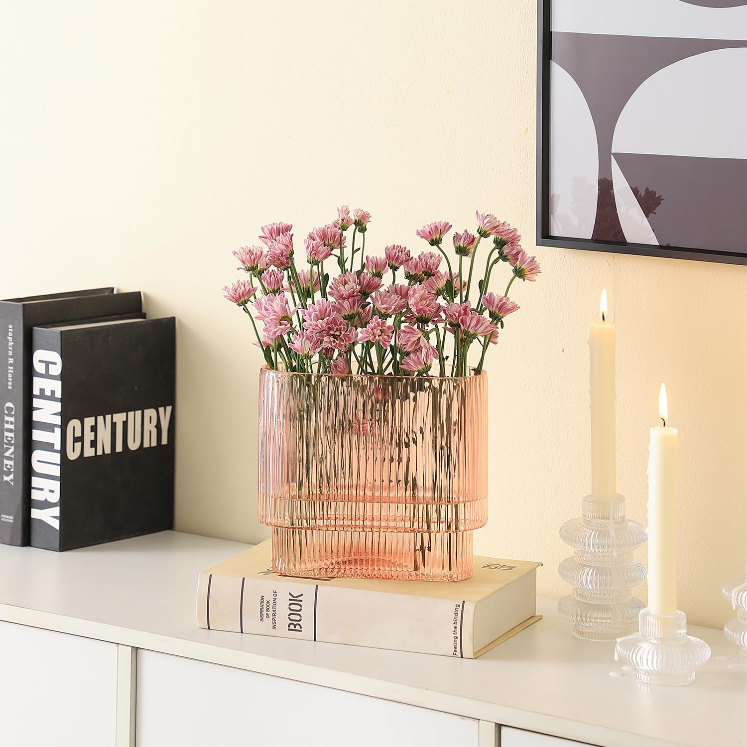 YANWE1 Ribbed Glass Vase, Pink Glass Vase, Fluted Glass Vases for Flower, Pink Modern Vases for Living Room, Dining Room, Bathroom, Desk, Shelf, Wedding, Office, 7 Inches
