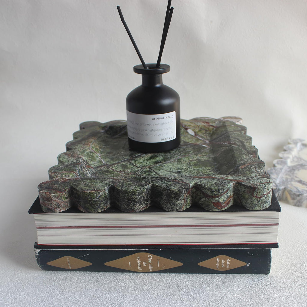 Natural Luxury Marble Tray with Scalloped Edge, Handmade Square Decorative Tray, Catch All Tray for Counter, Dresser, Nightstand and Home Décor (Rain Forest Green)