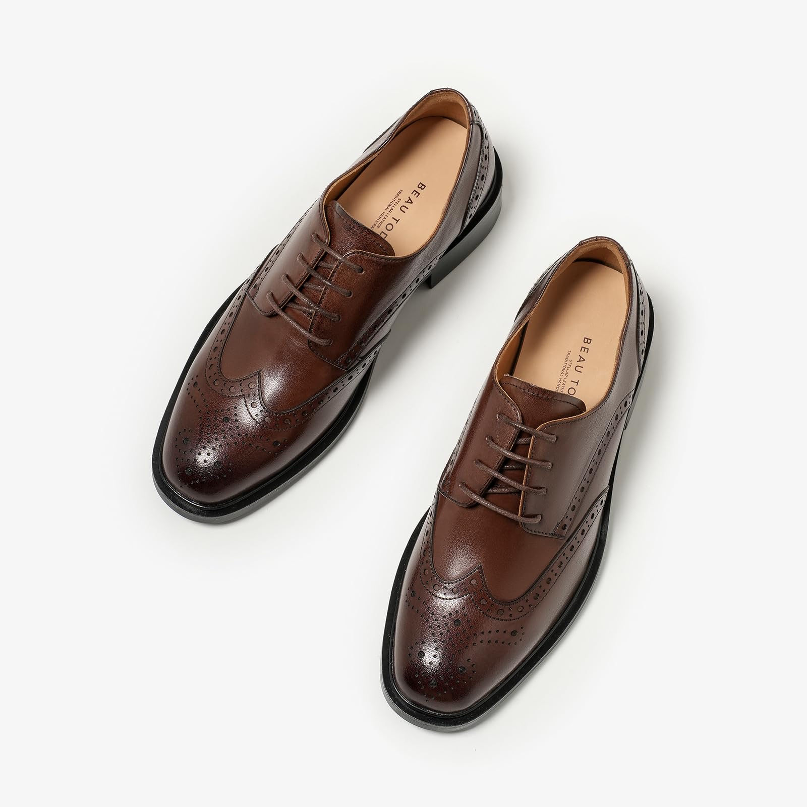 BEAU TODAY Oxford Shoes for Women,Leather Wingtip Dress Shoes,Comfort Brethable Ladies Lace-up Handmade Brogue Formal Oxfords for Business Work Coffee US 5.5