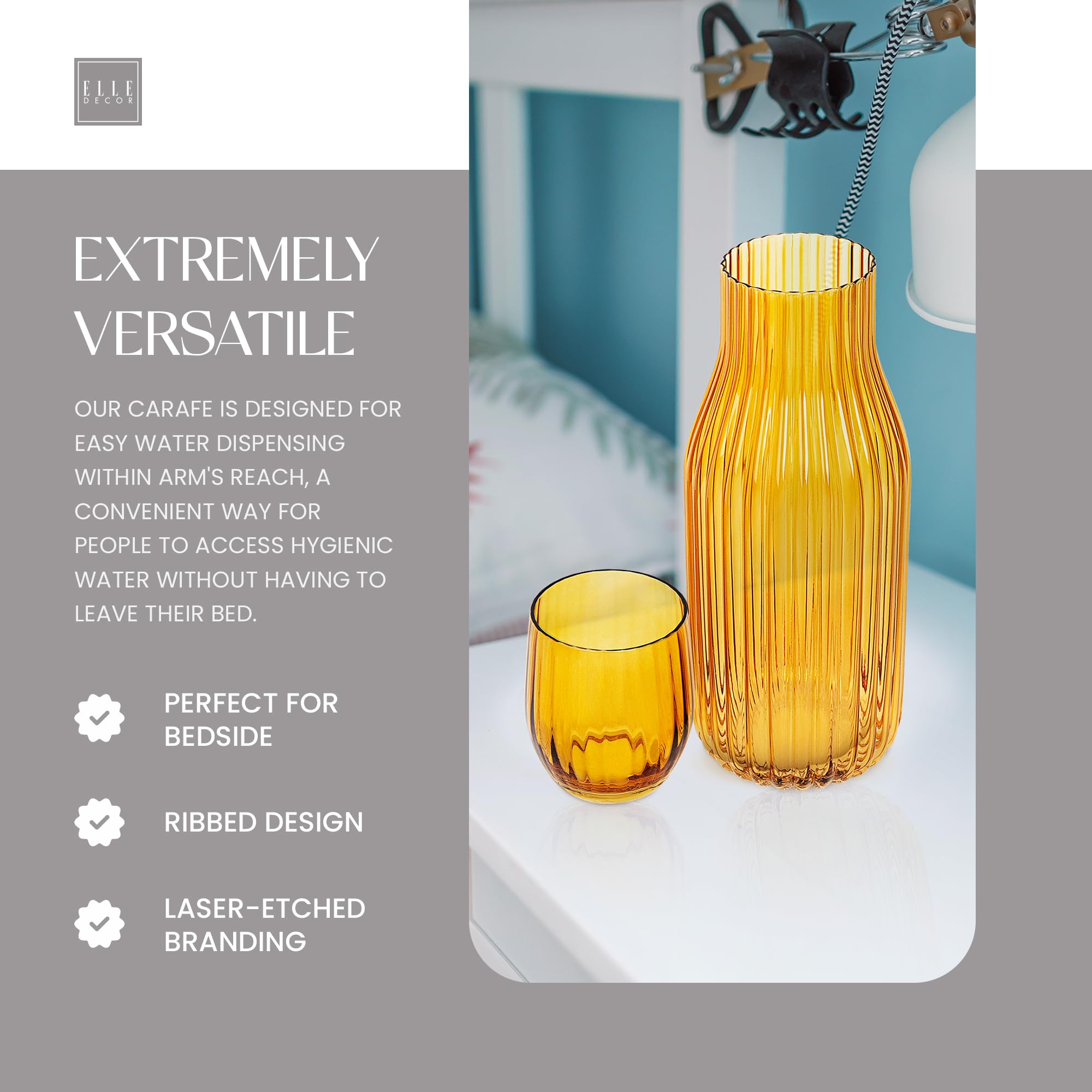 elle decor Ribbed Bedside Water Carafe with Tumbler Set | Ribbed Glass Pitcher and Matching Drinking Glass Doubles as Lid | 39-Ounce Jug for Guest Room, Office, or Gift | 4” x 9.5” (Amber)