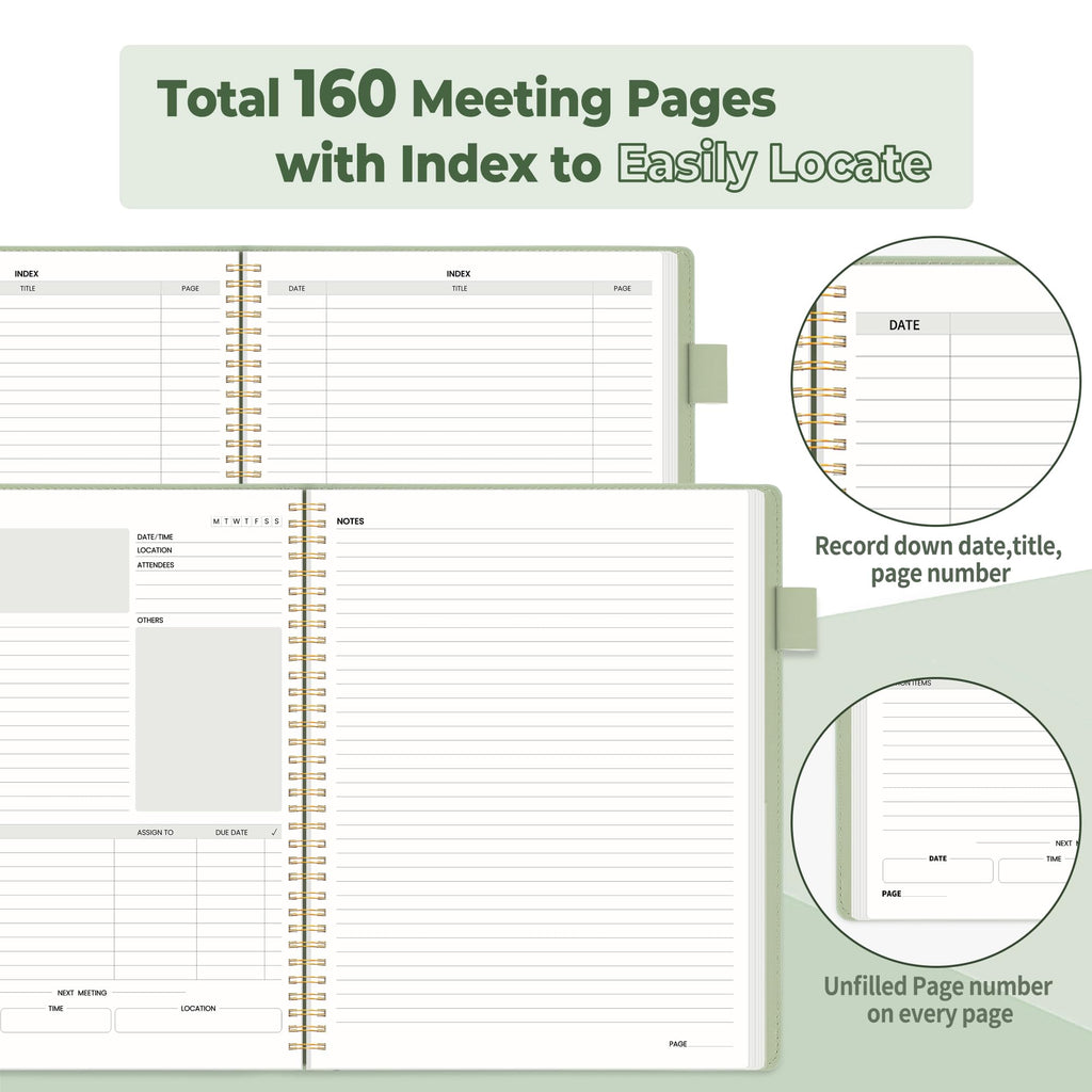 SUNEE Half Meeting Half Note - 8.5"x11" Professional Notebooks for Work - 160 Pages, A4 Size Project Planner, Spiral Meeting Agenda Organizer for Women Men, Note Taking,Office with Vegan Leather Cover