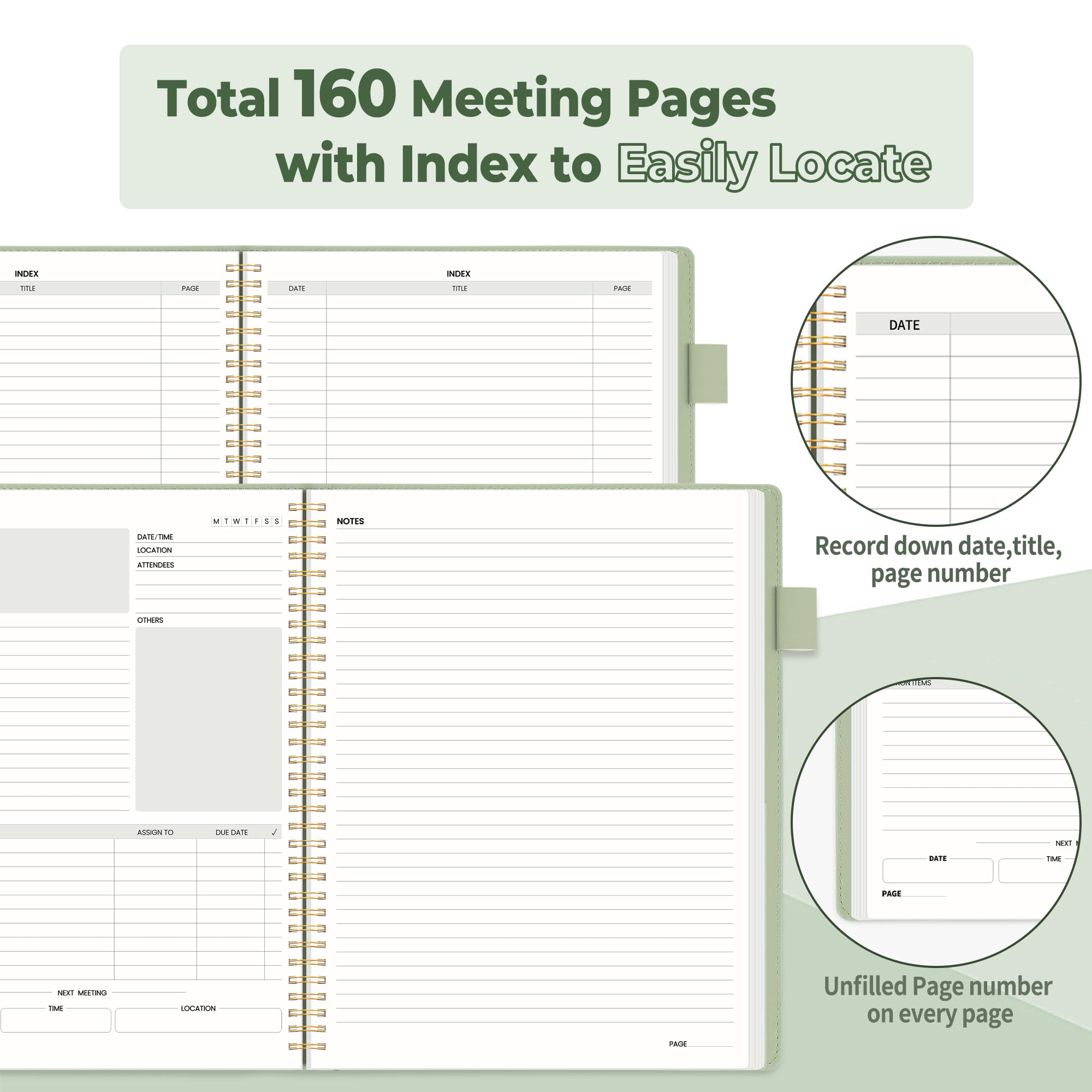 SUNEE Half Meeting Half Note - 8.5"x11" Professional Notebooks for Work - 160 Pages, A4 Size Project Planner, Spiral Meeting Agenda Organizer for Women Men, Note Taking,Office with Vegan Leather Cover