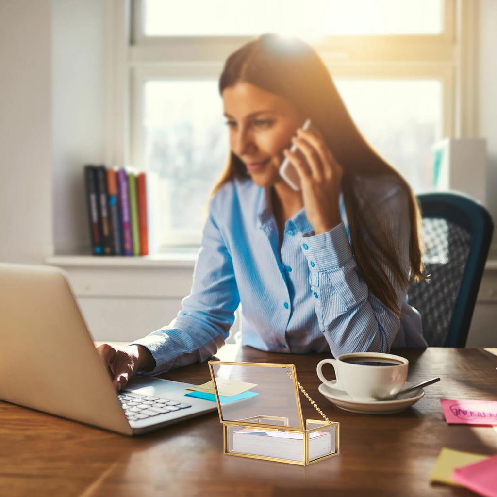 BTSKY Golden Glass Business Card Storage Box with Hinge Lid, Business Card Holder for Desk, Name Card Display Stand for Office Countertop, Business Card Storage Organizer Office Desk Accessories