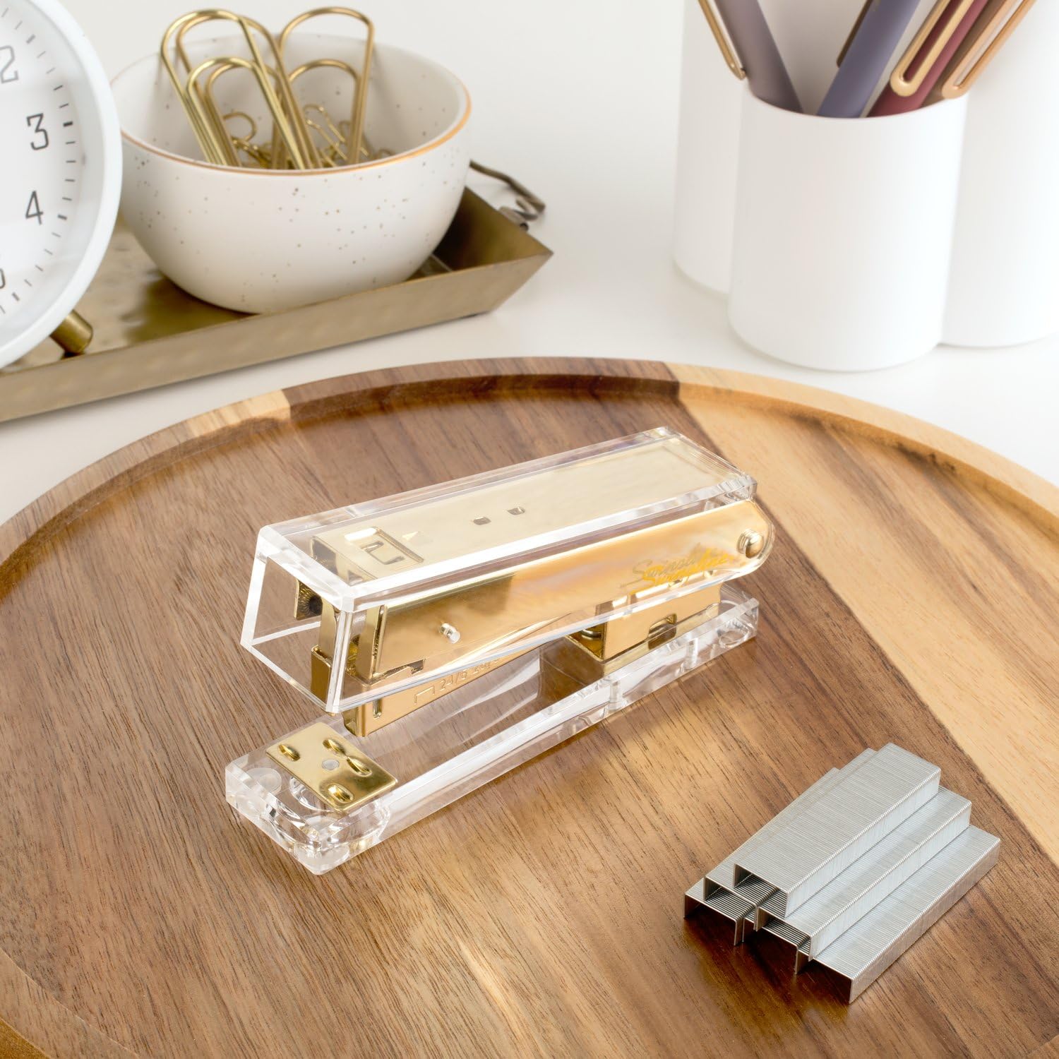 Swingline Compact Clear Acrylic Gold Stapler, 20 Sheet Capacity, Half Strip, Transparent Desk Stapler (S700000A)