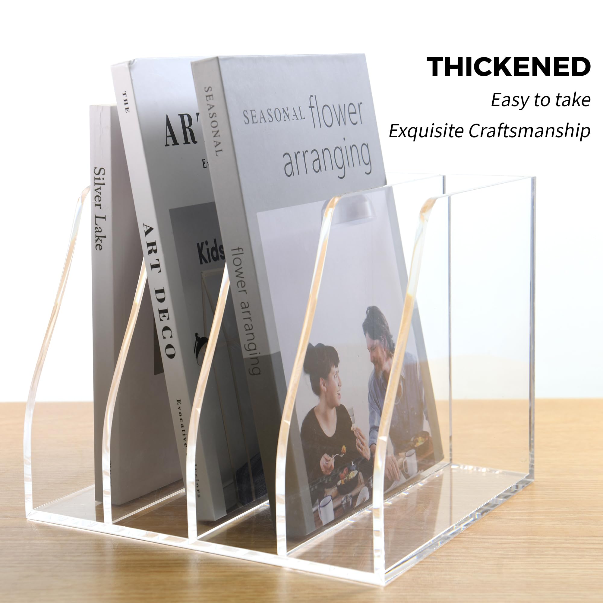 AIMOLLY Acrylic Magazine File Holder, 4 Vertical Compartments Desk Document Sorter Organizer, Clear Folder Rack Binder for Office/Home/Classroom, for Documents, Tablet, Magazines, Books & Accessories