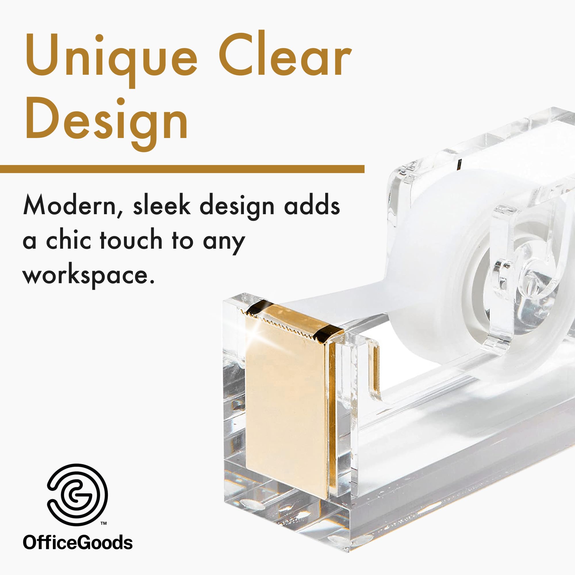 OfficeGoods Acrylic Tape Dispenser – Modern Desk Organizer for Office Supplies – Heavy Duty Refillable Tape Holder for Home and School Crafting – Stylish Desktop Accessory for Gift Wrapping, Gold