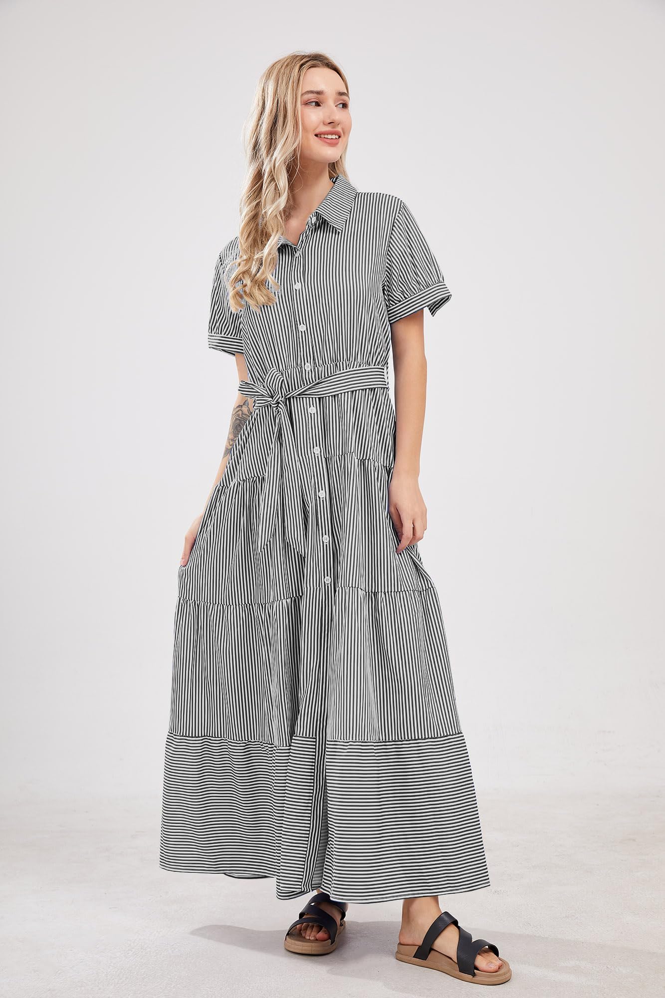 utcoco Womens Casual Short Sleeve Button Down Tie Waist Ruffled Striped Maxi Shirt Dress (Small, Black)