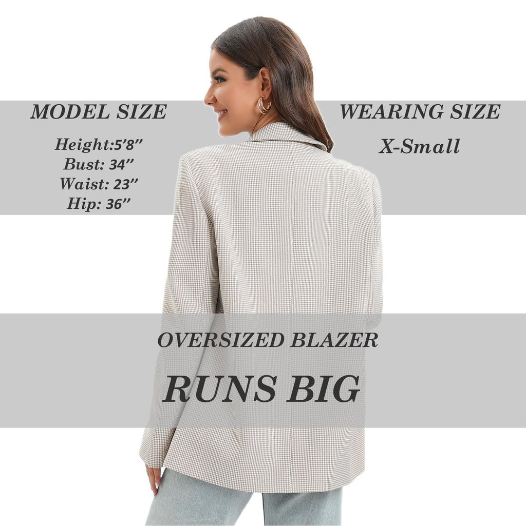 TRNY Women's Oversized Double-Breasted Houndstooth Blazer Jacket with Pockets - Long Sleeve Casual Boyfriend Style Work Office Blazer in Mini Beige