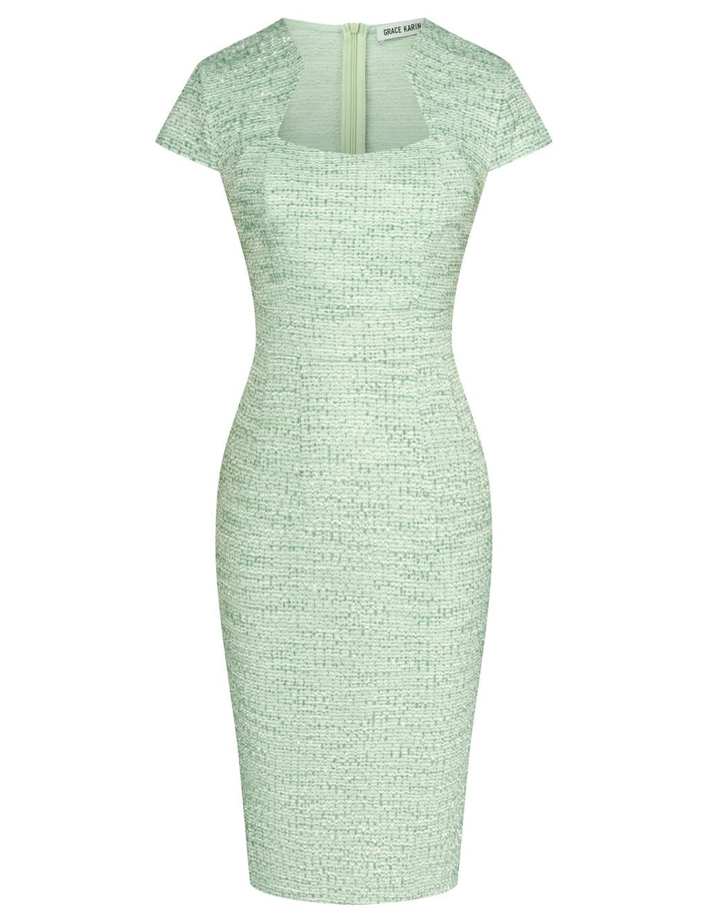 GRACE KARIN Women's Gorgeous Pencil Dress Cap Sleeve Tweed Pencil Dress for Work Green White