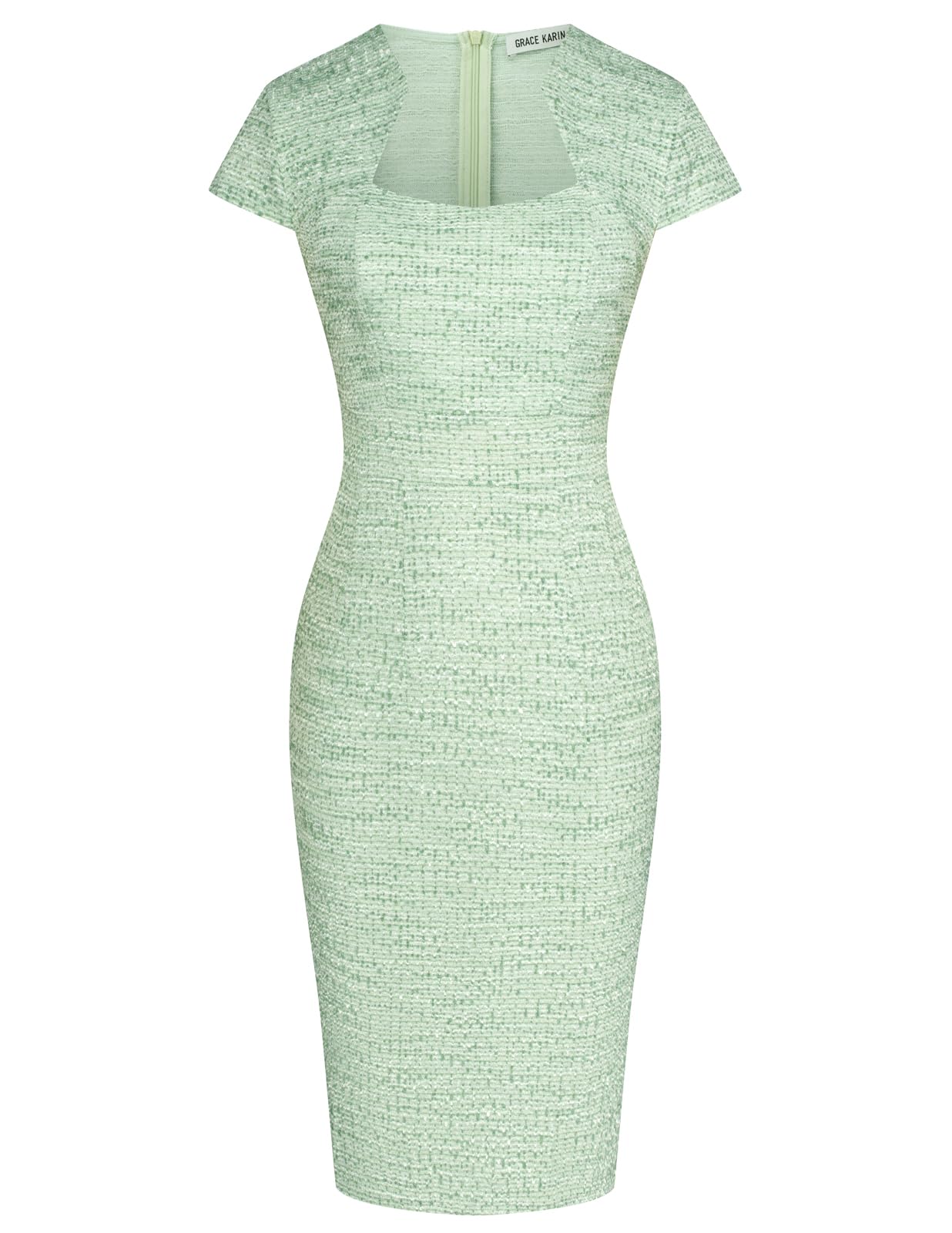 GRACE KARIN Women's Gorgeous Pencil Dress Cap Sleeve Tweed Pencil Dress for Work Green White