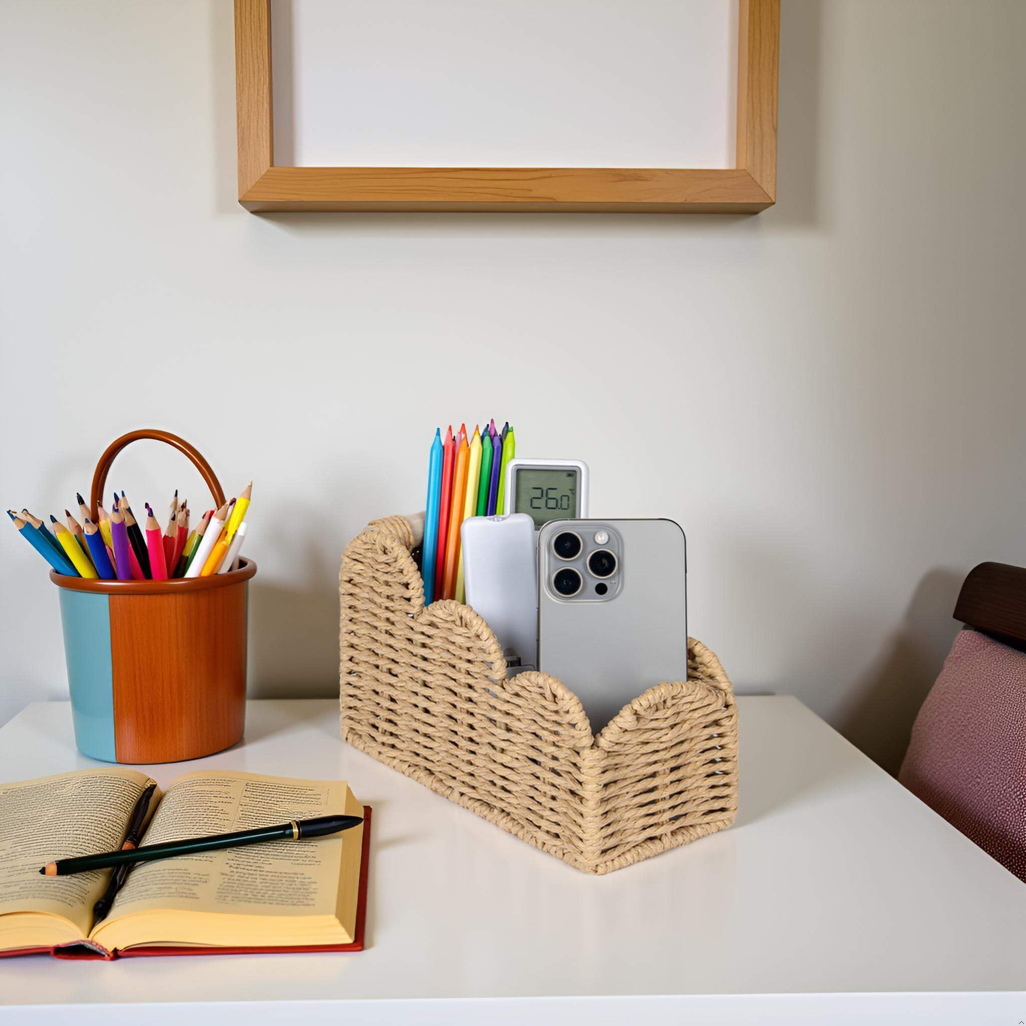 CubesLand Bedside Table Desk Organizer Caddy, Remote Pen&Pencil Holder Cup, Makeup Brush Holder w/Scalloped Perfect for Home, Office Desk, Living Room Table Decor, 3 Slots Beige