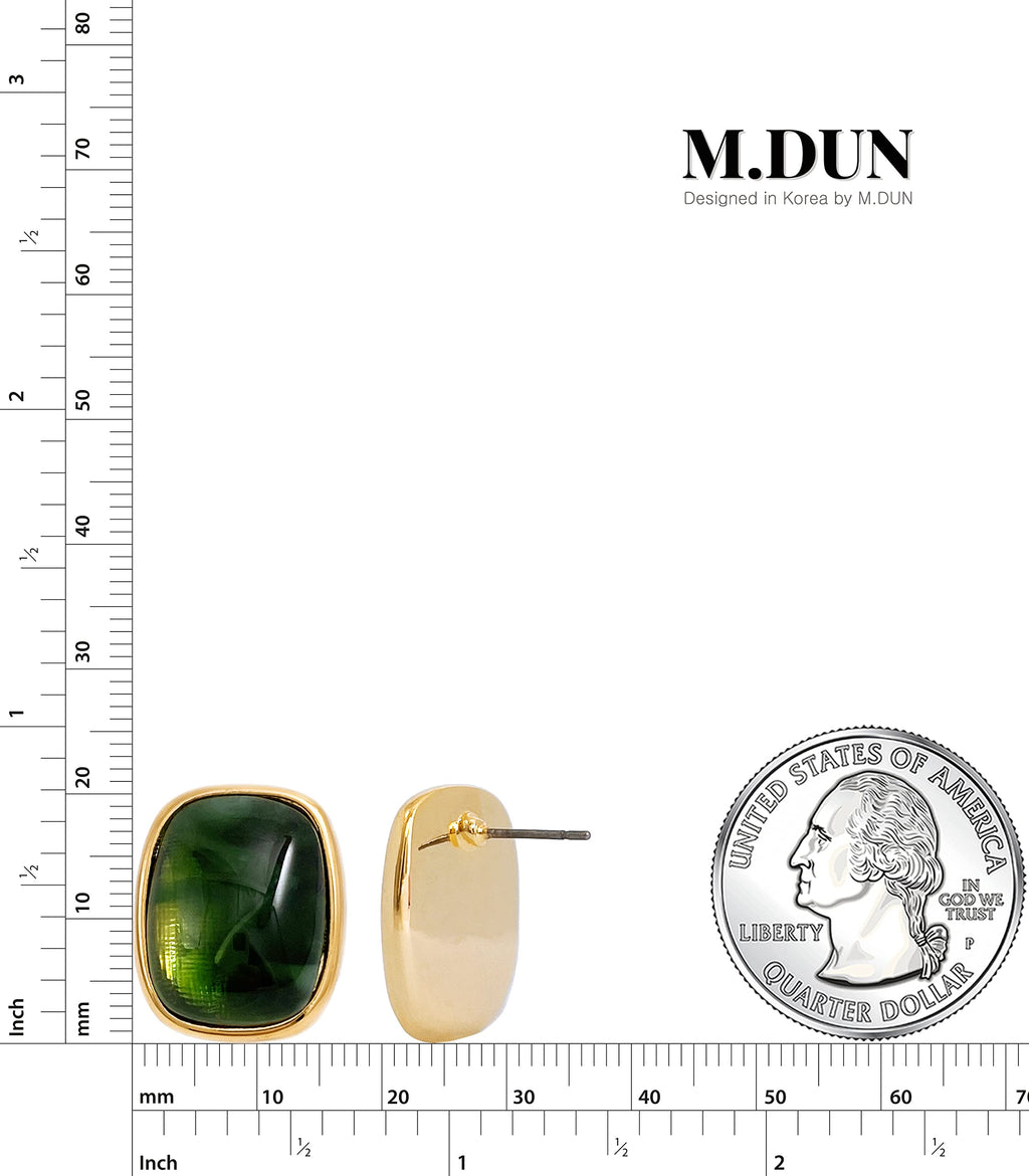M.DUN- Round Edges Rectangle Shape Studs Earring. Abalone Amber Turquoise Resin Stone Design/18k Real Gold Plated Bezel, Hypoallergenic Gorgeous Gift for Women (green)