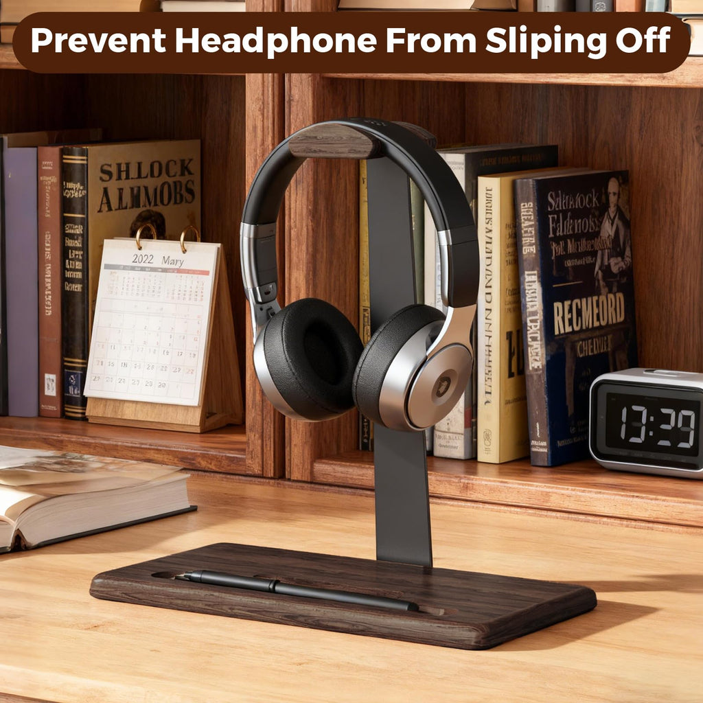 DEMEGA Walnut Headset Stand for Desk with Phone Holder | Headphone Stand Headphone Holder (Dark Walnut)
