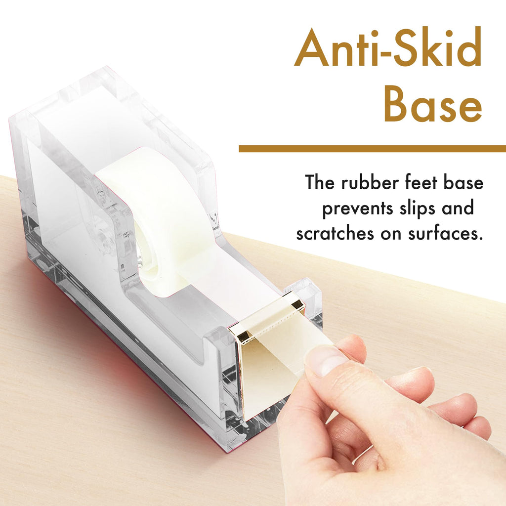 OfficeGoods Acrylic Tape Dispenser – Modern Desk Organizer for Office Supplies – Heavy Duty Refillable Tape Holder for Home and School Crafting – Stylish Desktop Accessory for Gift Wrapping, Gold