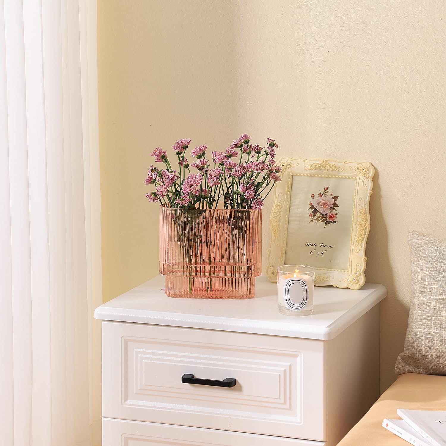 YANWE1 Ribbed Glass Vase, Pink Glass Vase, Fluted Glass Vases for Flower, Pink Modern Vases for Living Room, Dining Room, Bathroom, Desk, Shelf, Wedding, Office, 7 Inches