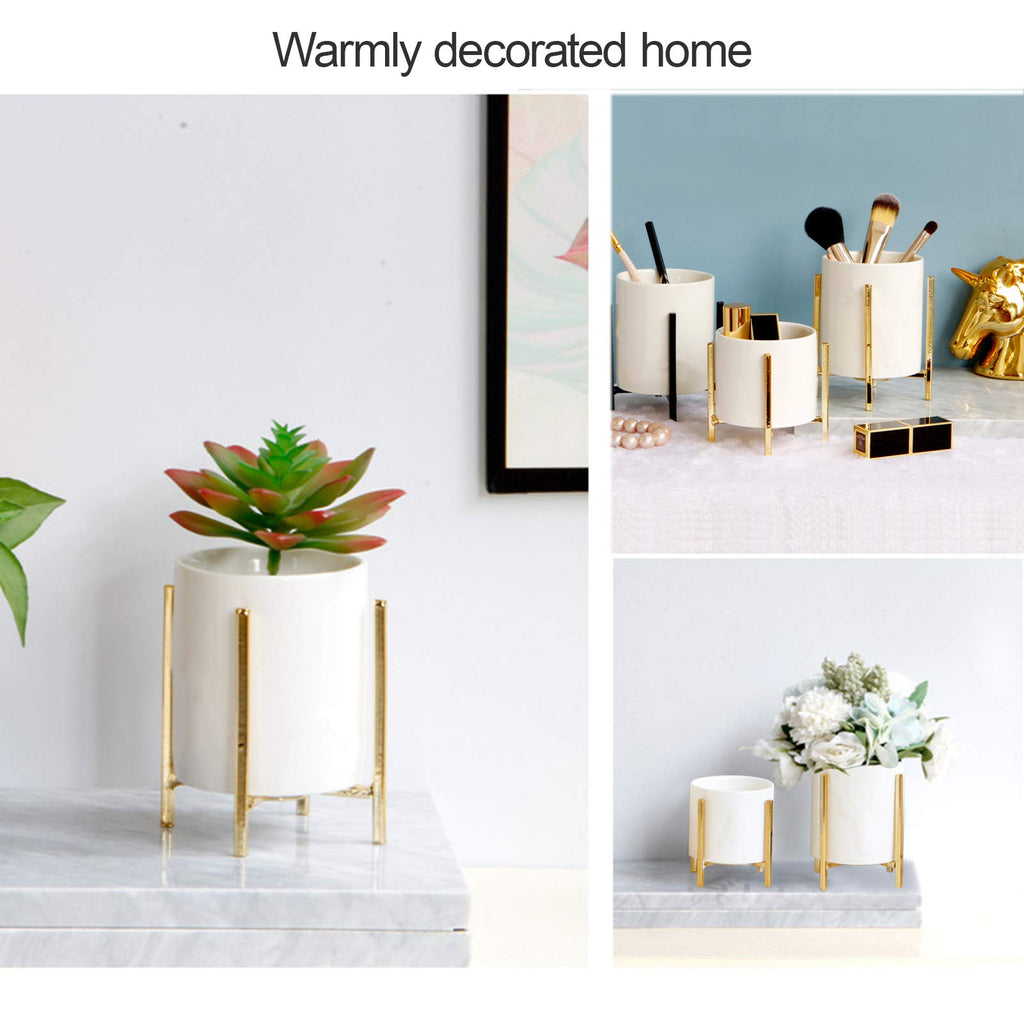 SIEBOLD Gold pencil cup Sturdy metal frame with white ceramic pen holder For desks and kitchen appliance holders