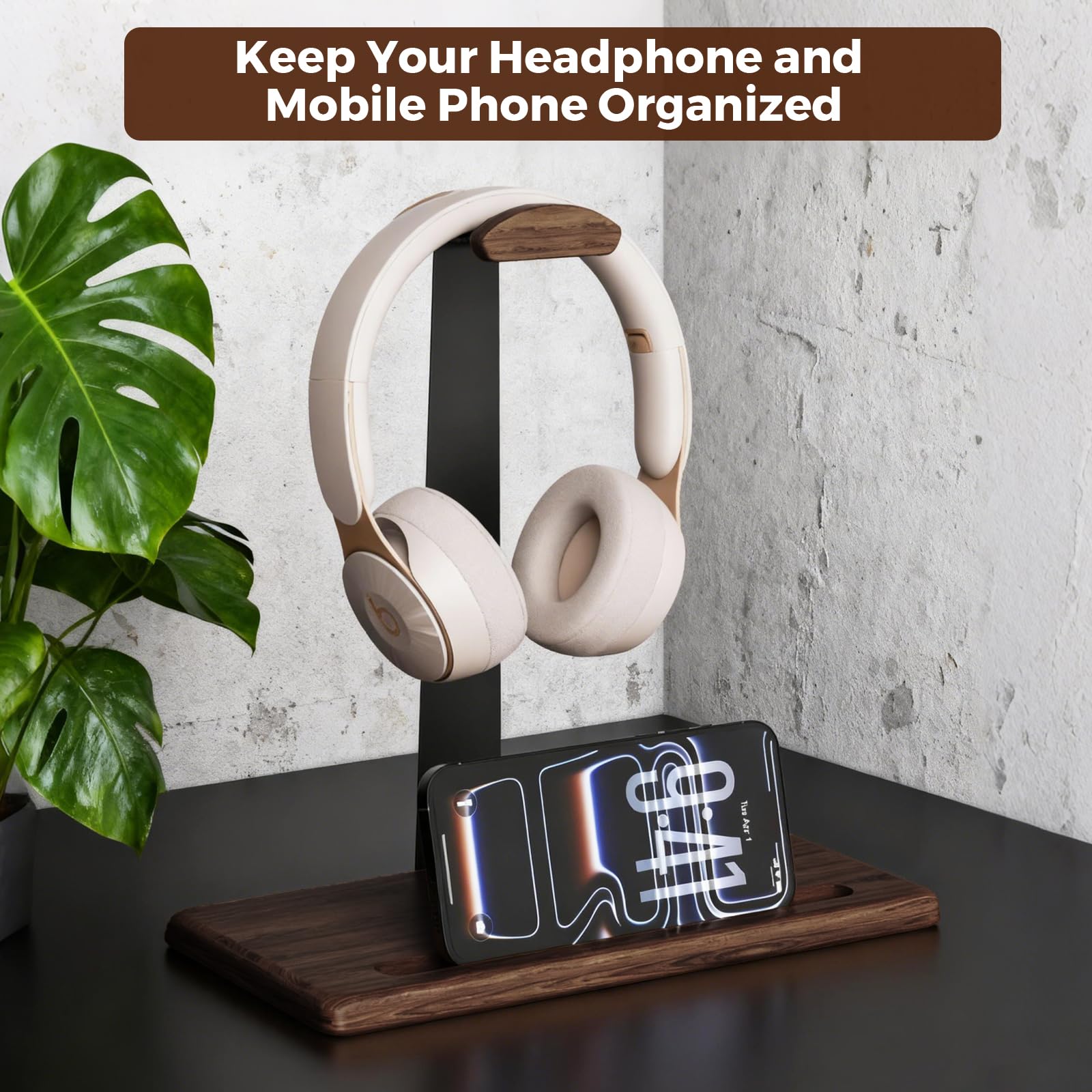 DEMEGA Walnut Headset Stand for Desk with Phone Holder | Headphone Stand Headphone Holder (Dark Walnut)