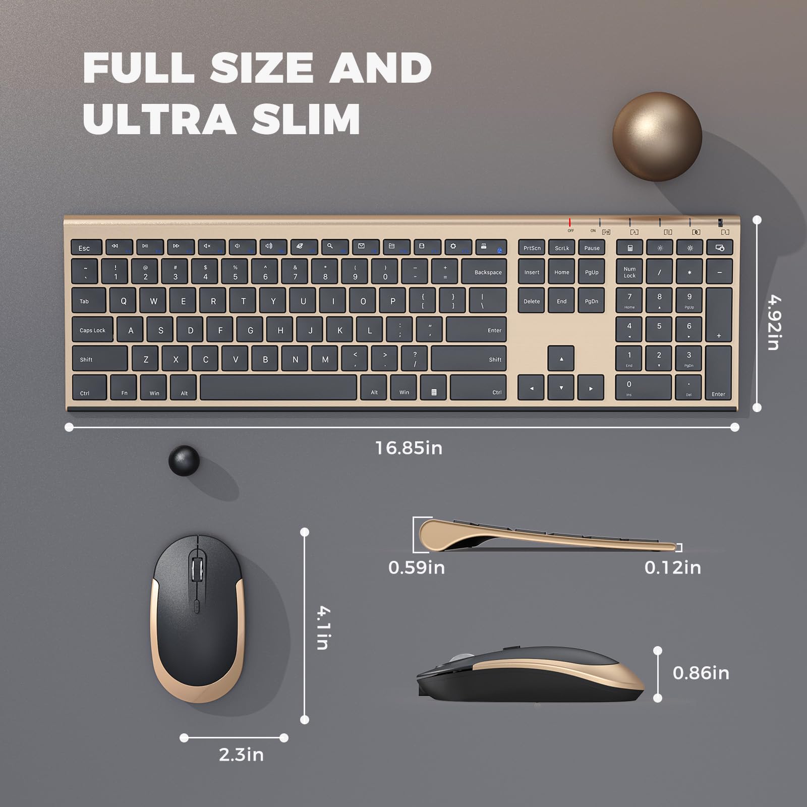 Wireless Keyboard and Mouse, Vssoplor 2.4GHz Rechargeable Compact Quiet Full-Size Keyboard and Mouse Combo with Nano USB Receiver for Windows, Laptop, PC, Notebook-Black Gold