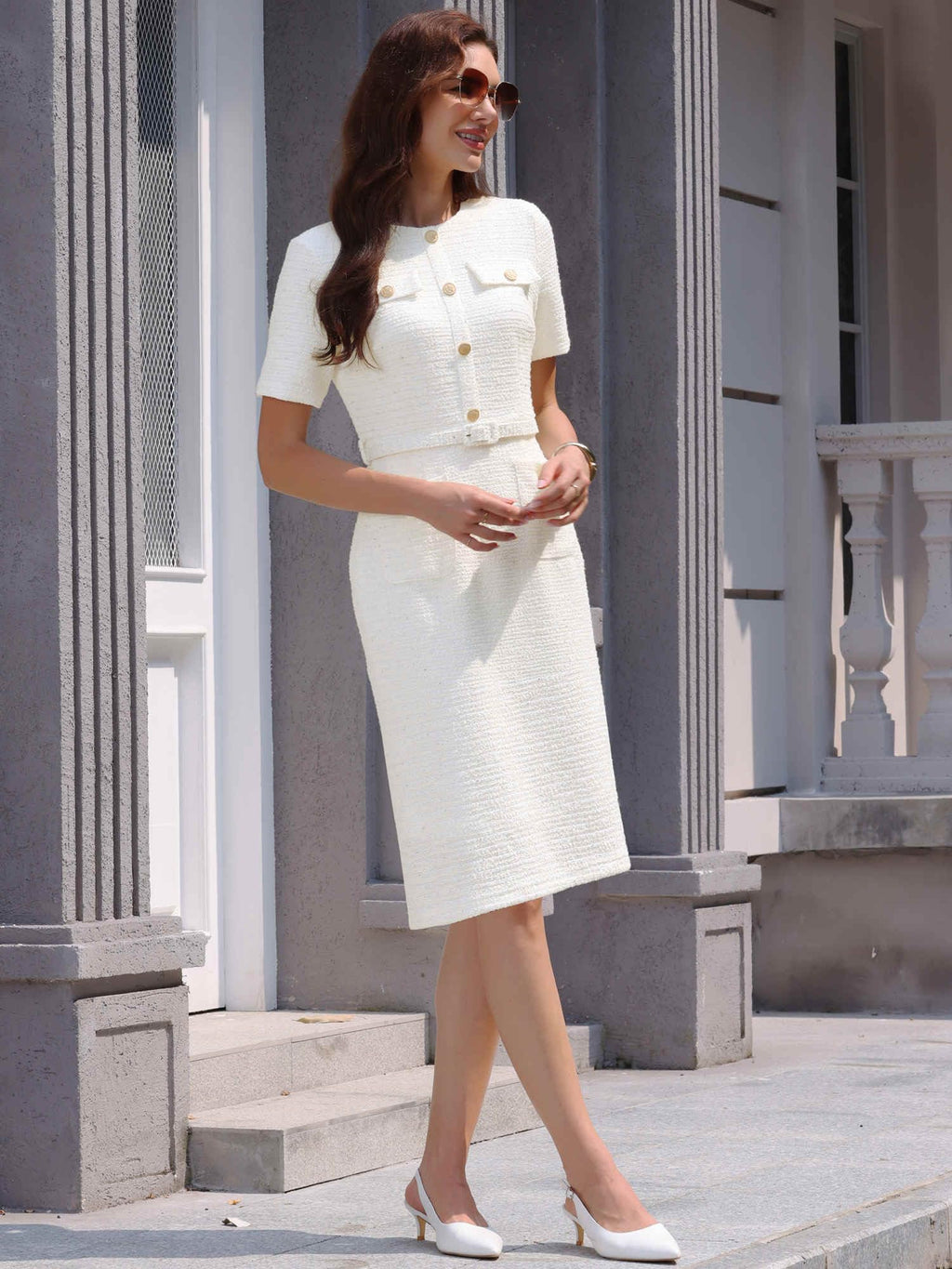 Hobemty Women's Tweed Sheath Dress with Belted Short Sleeve Work 2026 Pencil Dress Large Beige White