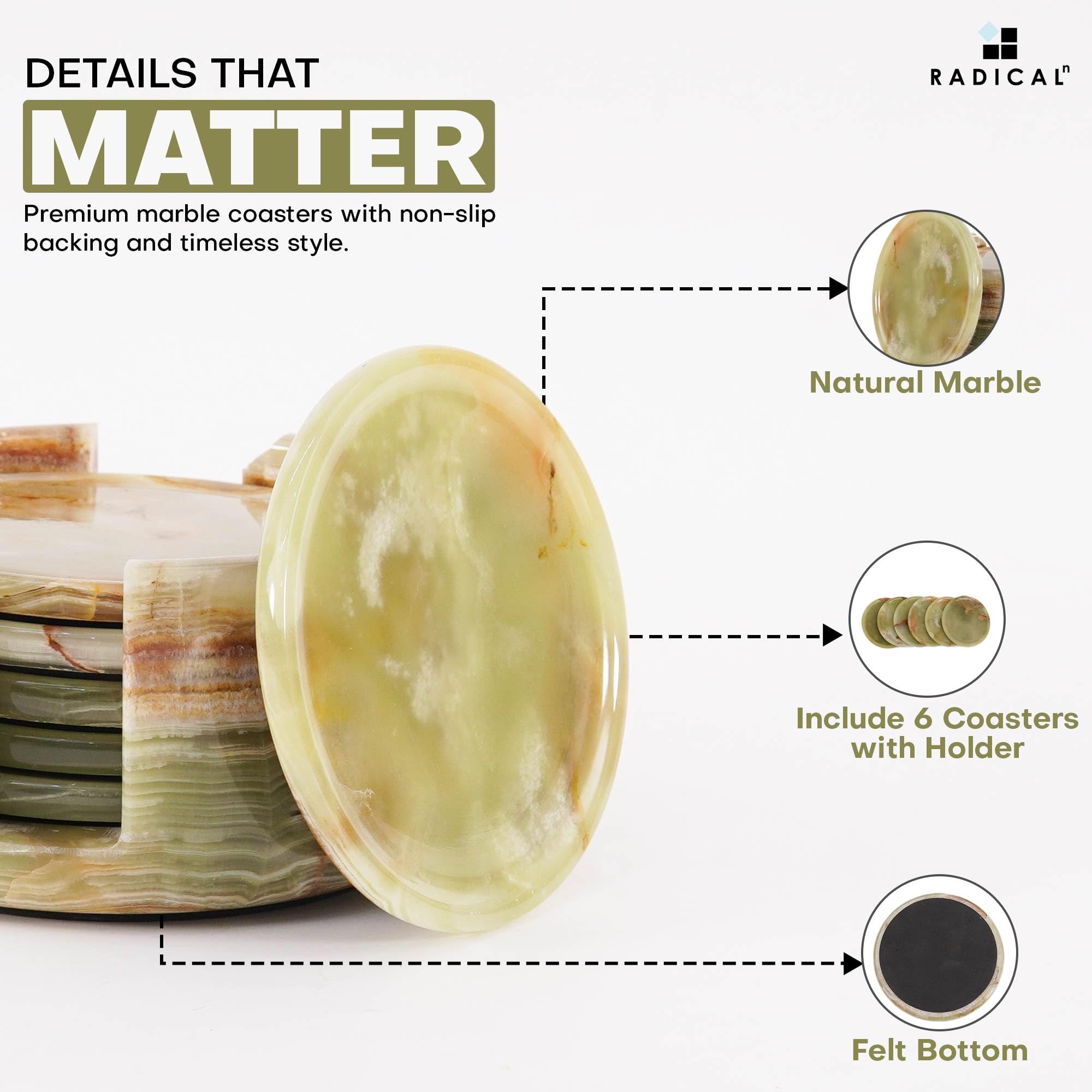 Marble Coasters Set of 6 Green Onyx 3.5 Inch Round Coaster for Drinks with Holder, Drink Coaster for Tabletop & Coffee Table Decor, Ideal Home Decor