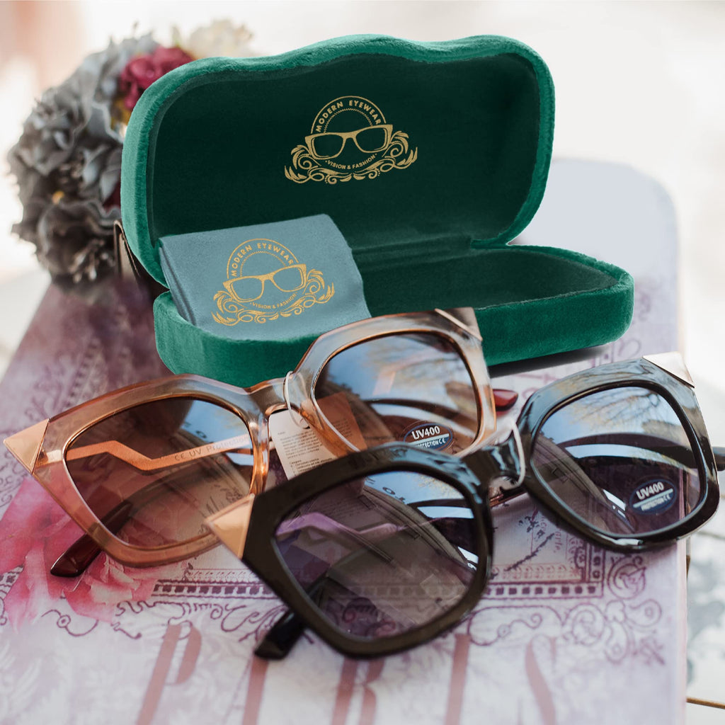 Modern Eyewear Large Hard Shell Glasses Case with Cleaning Cloth - Green Velvet Protective Eyeglass Case for Sunglasses & Reading Glasses - Lightweight, Crush-Resistant - Design for Men & Women