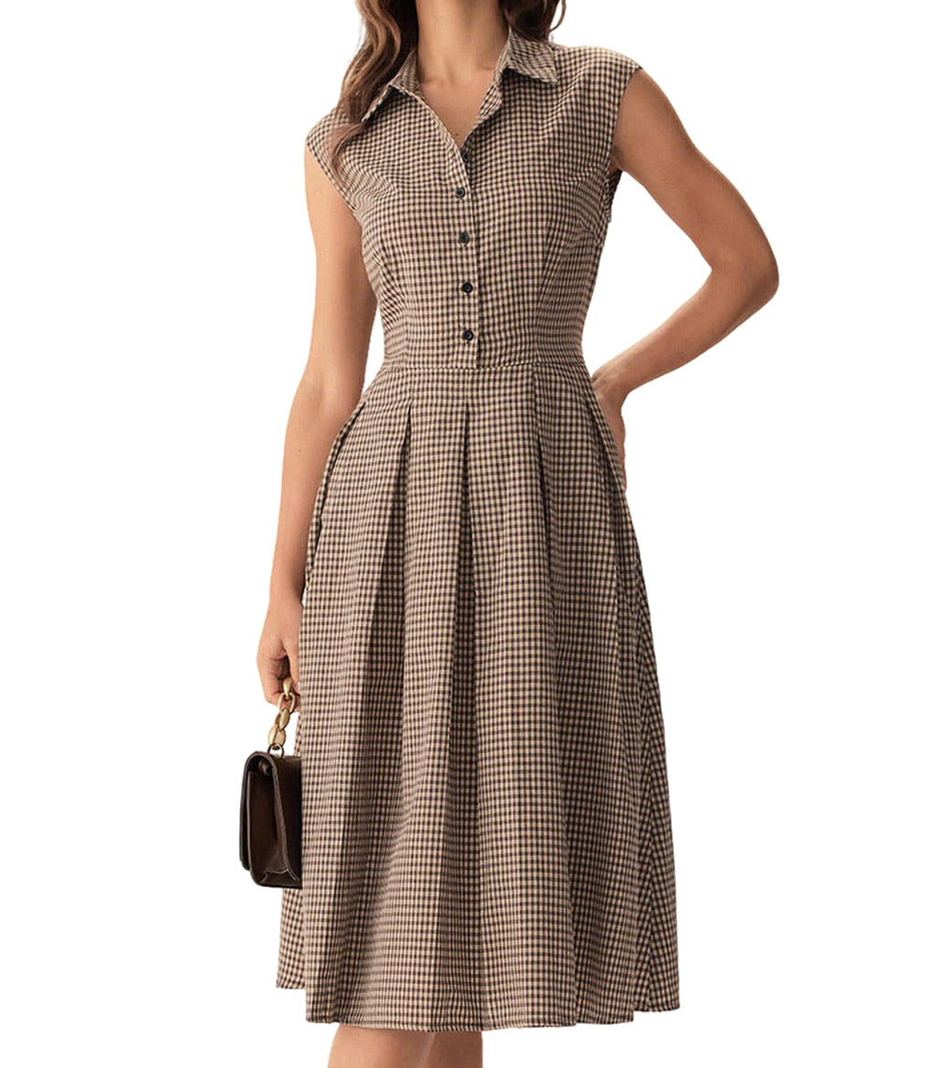 RIHOAS Women's Plaid Dress Sleeveless Button Up Midi A Line Dress Work Casual Premium Dresses Brown