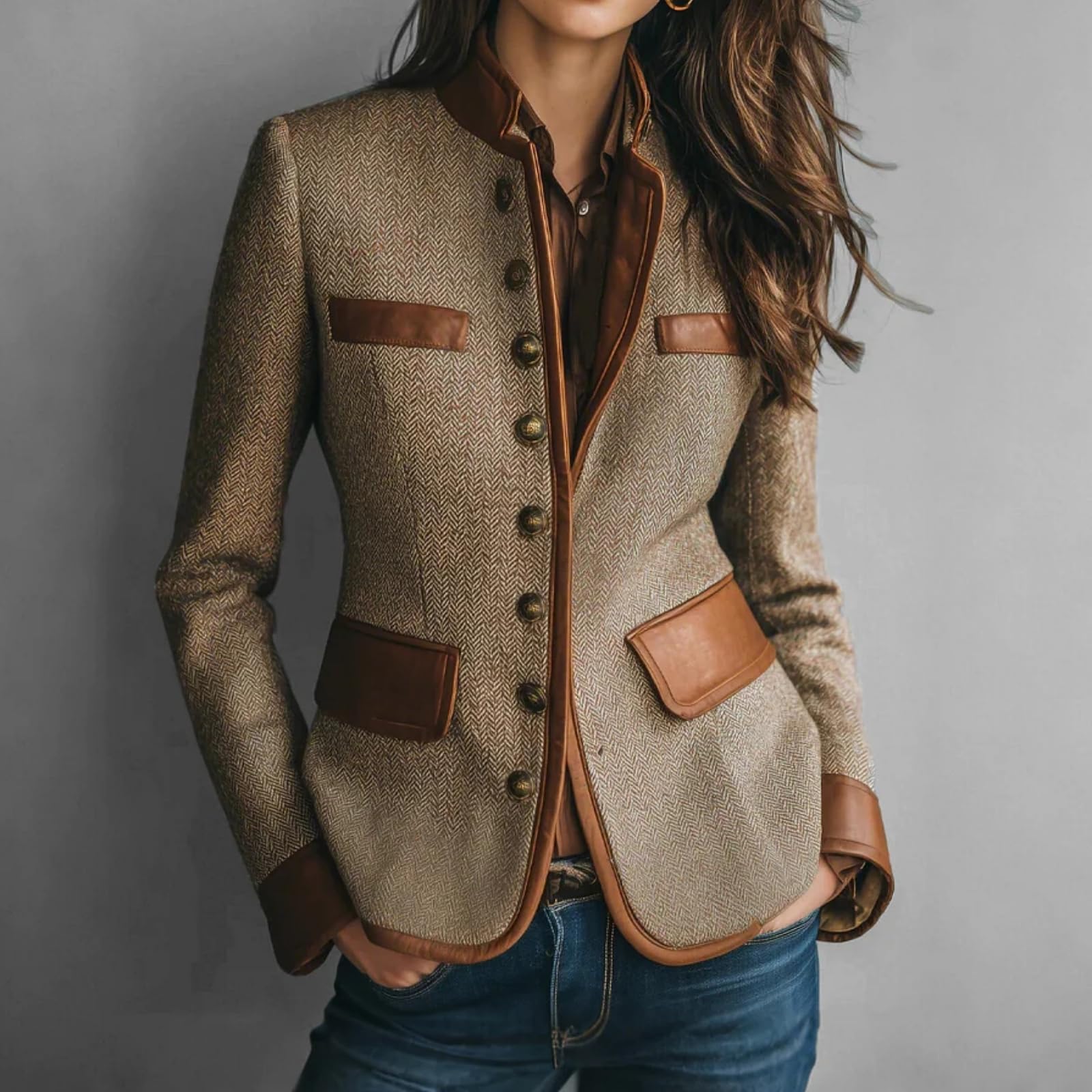 Tweed Blazers For Women, Vintage Eco Leather Trim Pocket Tweed Jacket Long Sleeve Stand Collar Slim Fit Herringbone Jackets (Brown,Medium)