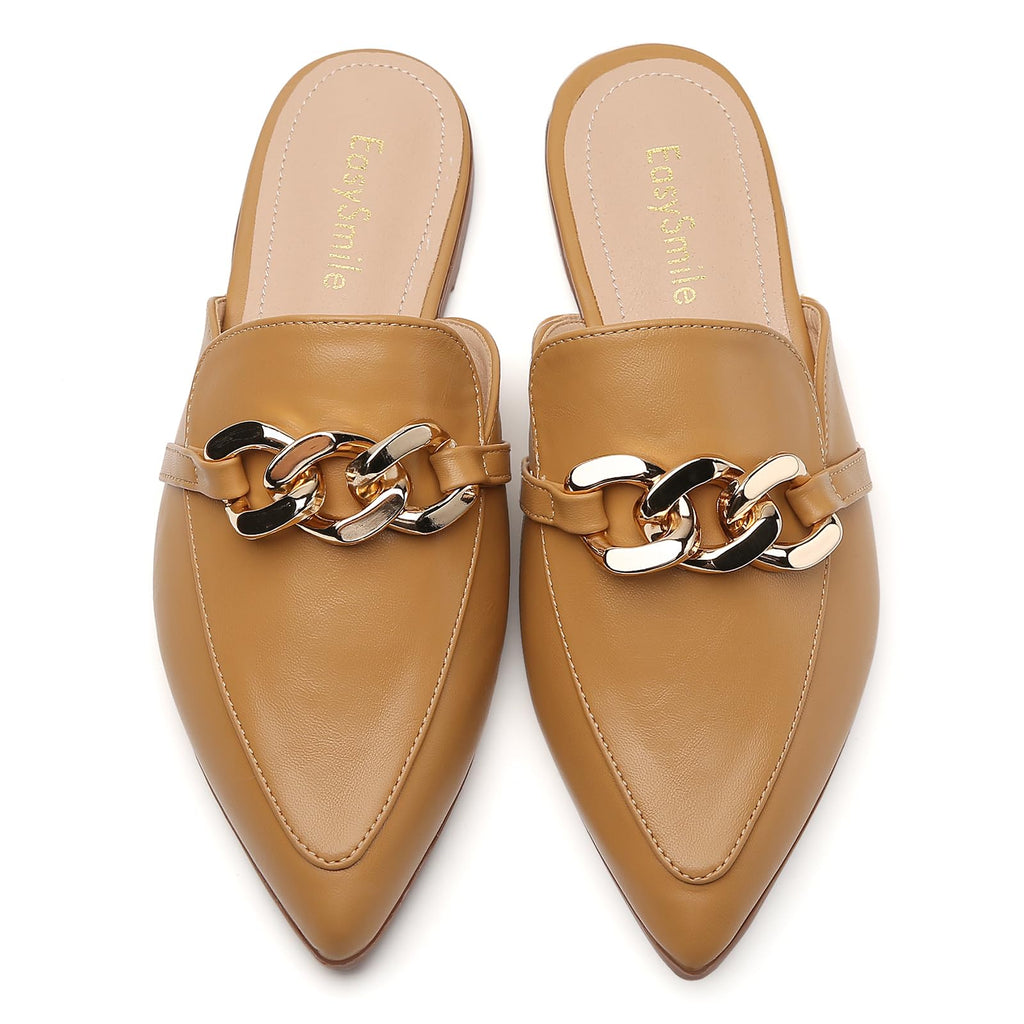 EasySmile Metal Chain Decor Flat Mules for Women Closed Pointed Toe Slip on Loafers Slides Backless Mules Shoes