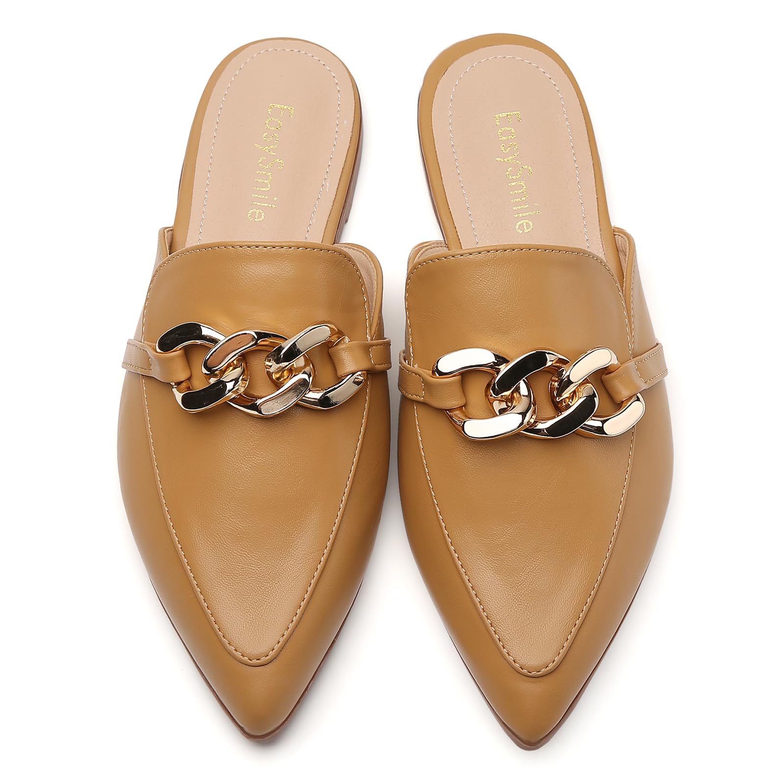 EasySmile Metal Chain Decor Flat Mules for Women Closed Pointed Toe Slip on Loafers Slides Backless Mules Shoes