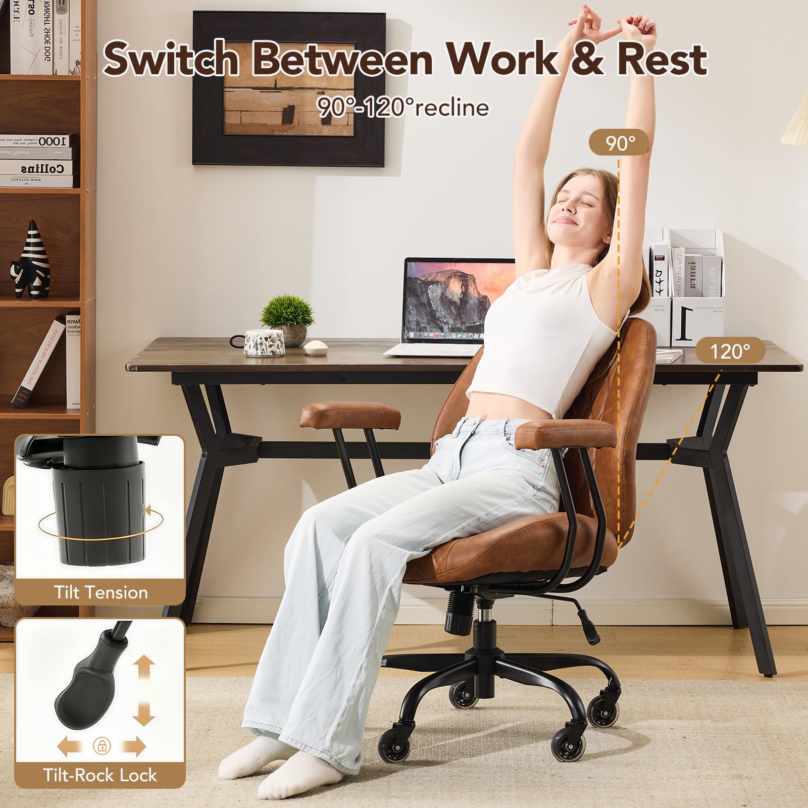 YFO Home Office Desk Chair Office Rubber Casters Ergonomic Computer Chair with Lumbar Support Adjustable Height Rolling Swivel Executive Task Armrests Chair， Brown Leather