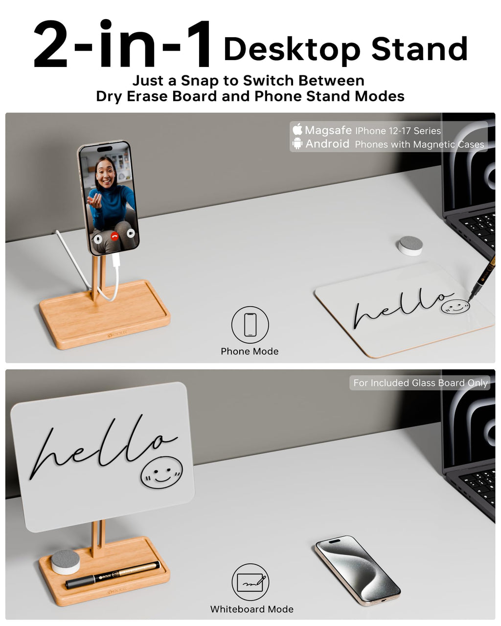 YEOUX Premium Desktop Glass Whiteboard & Magnetic Phone Stand 2-in-1 | 360° Adjustable | Solid Wood | Compatible with MagSafe, Small Dry Erase Board for Office Home Desk