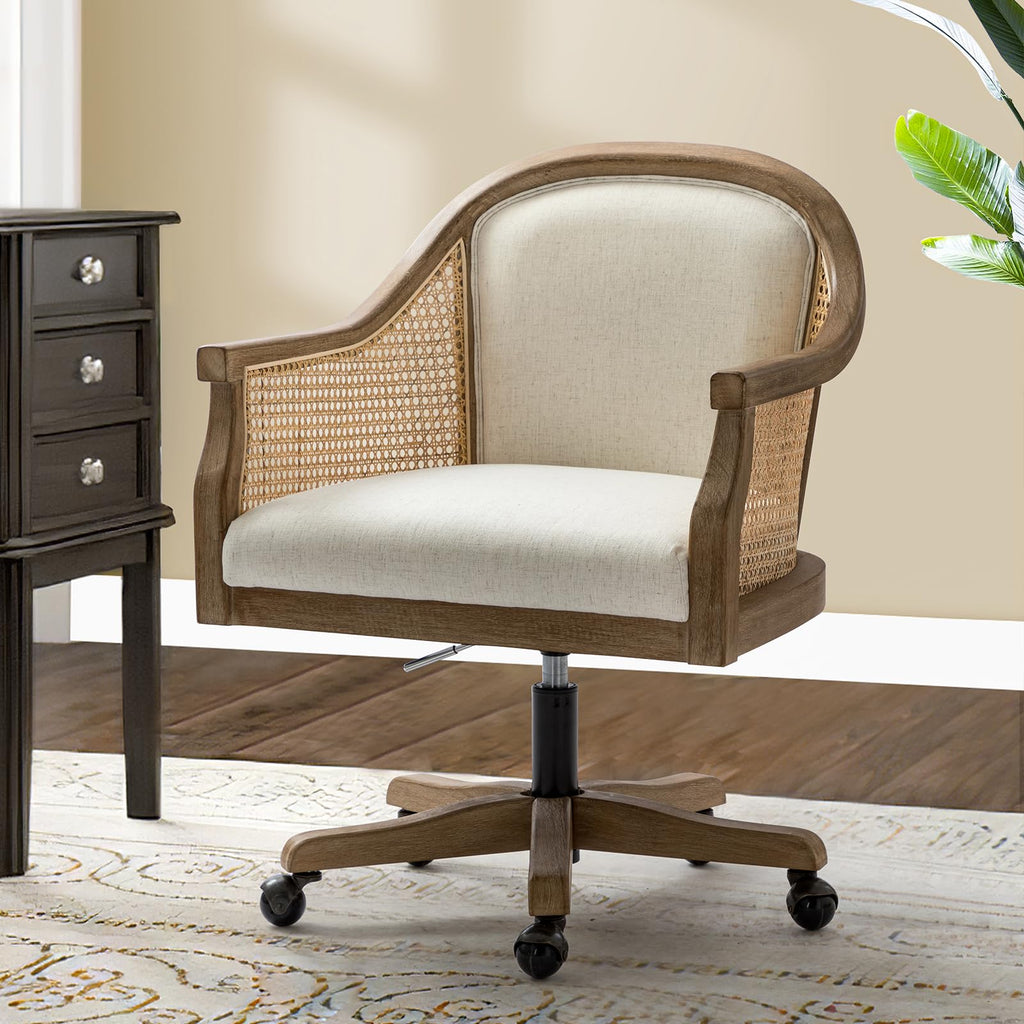 TINA'S HOME Rattan Desk Chair, Upholstered Home Office Chair with Armrest, Adjustable Swivel Rolling Height Computer Task Chair for Living Room Bedroom Study Room, Ivory