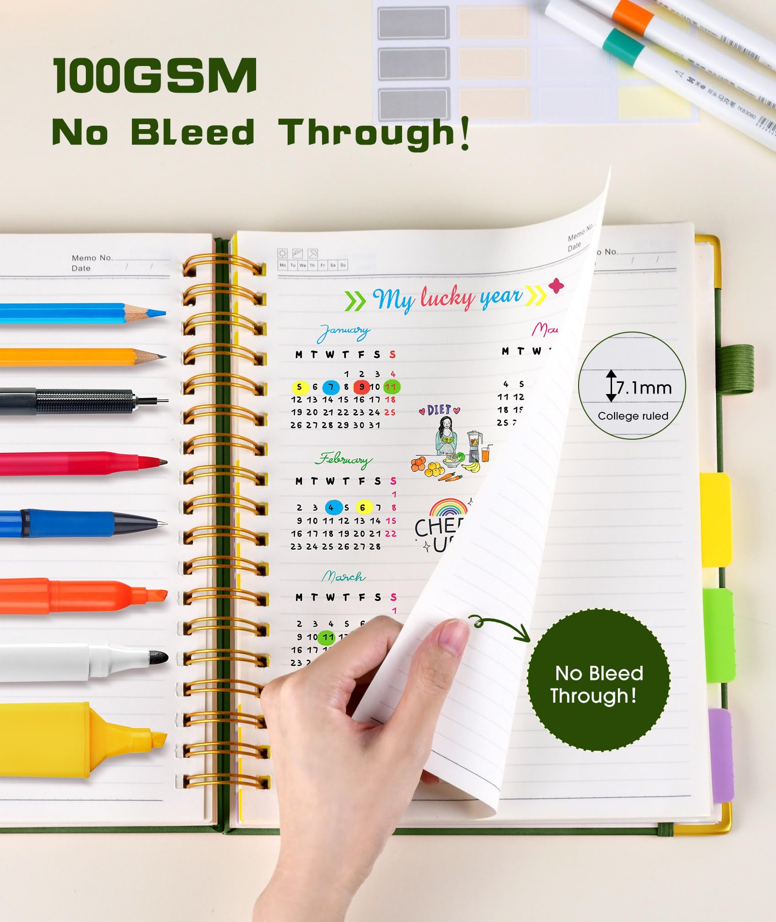 Hardcover Spiral Notebook journal with Removable Dividers Tabs, 300 Pages Leather 5 Subject Notebook College Ruled, 8"x10" Large B5 Notebooks for Work School Note taking, Lined Journal for Women,Green