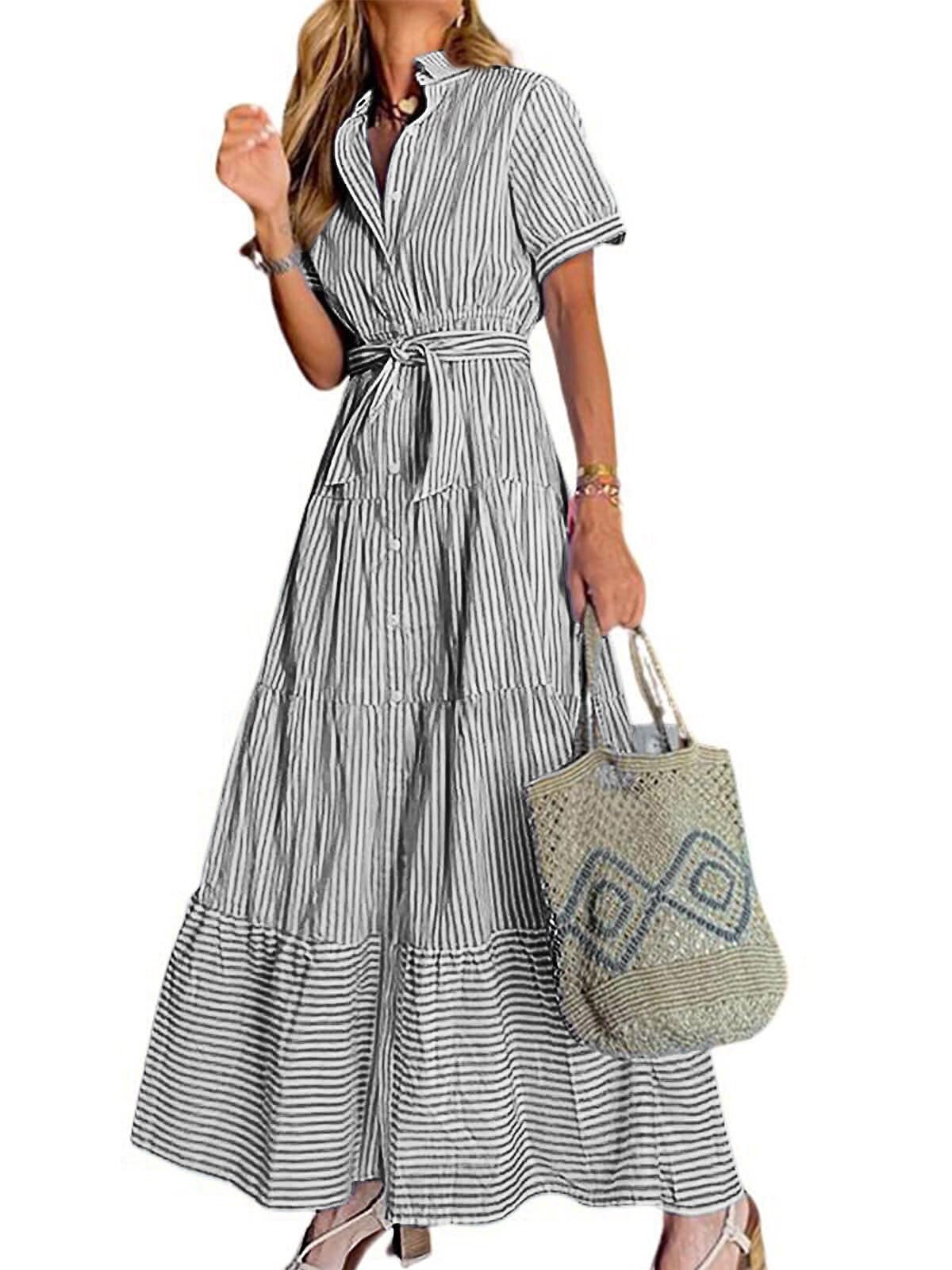 utcoco Womens Casual Short Sleeve Button Down Tie Waist Ruffled Striped Maxi Shirt Dress (Small, Black)
