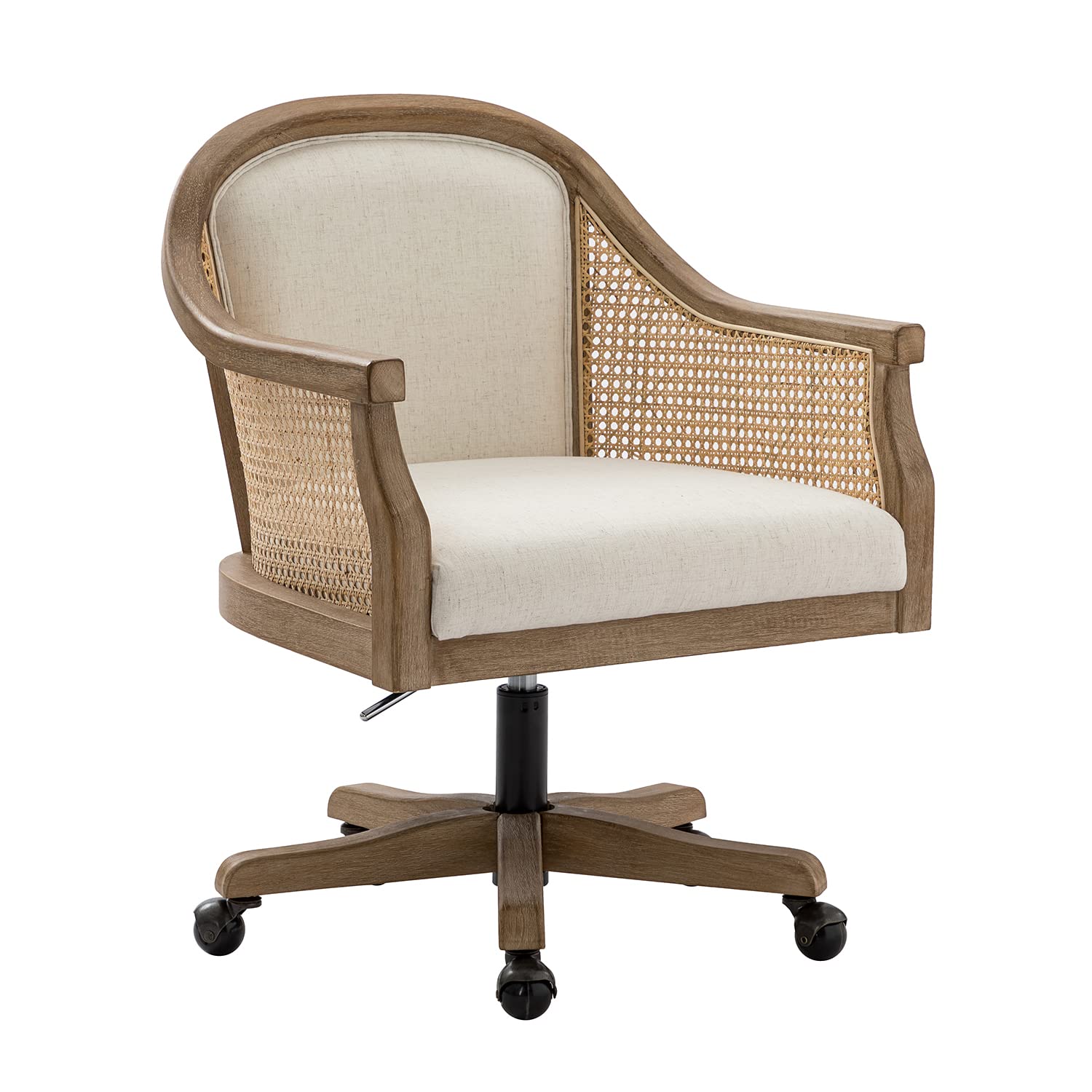 TINA'S HOME Rattan Desk Chair, Upholstered Home Office Chair with Armrest, Adjustable Swivel Rolling Height Computer Task Chair for Living Room Bedroom Study Room, Ivory