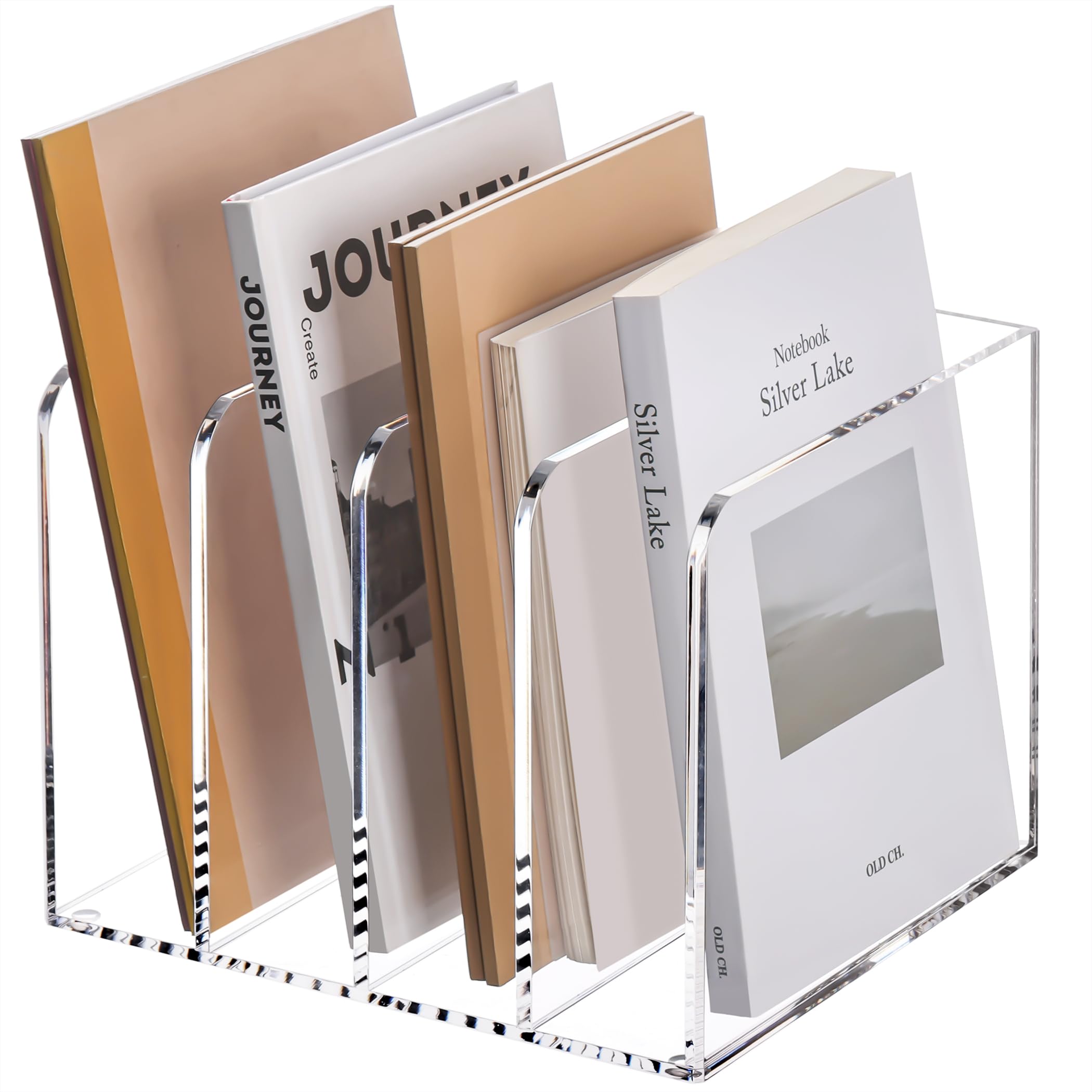 YUXUN Acrylic Magazine Holder,Clear Desk Organizer File Sorter for Notebook,Paper,Envelope,Magazine, Book Storage-Office/Home/Classroom Organization(4 Compartments,B5)