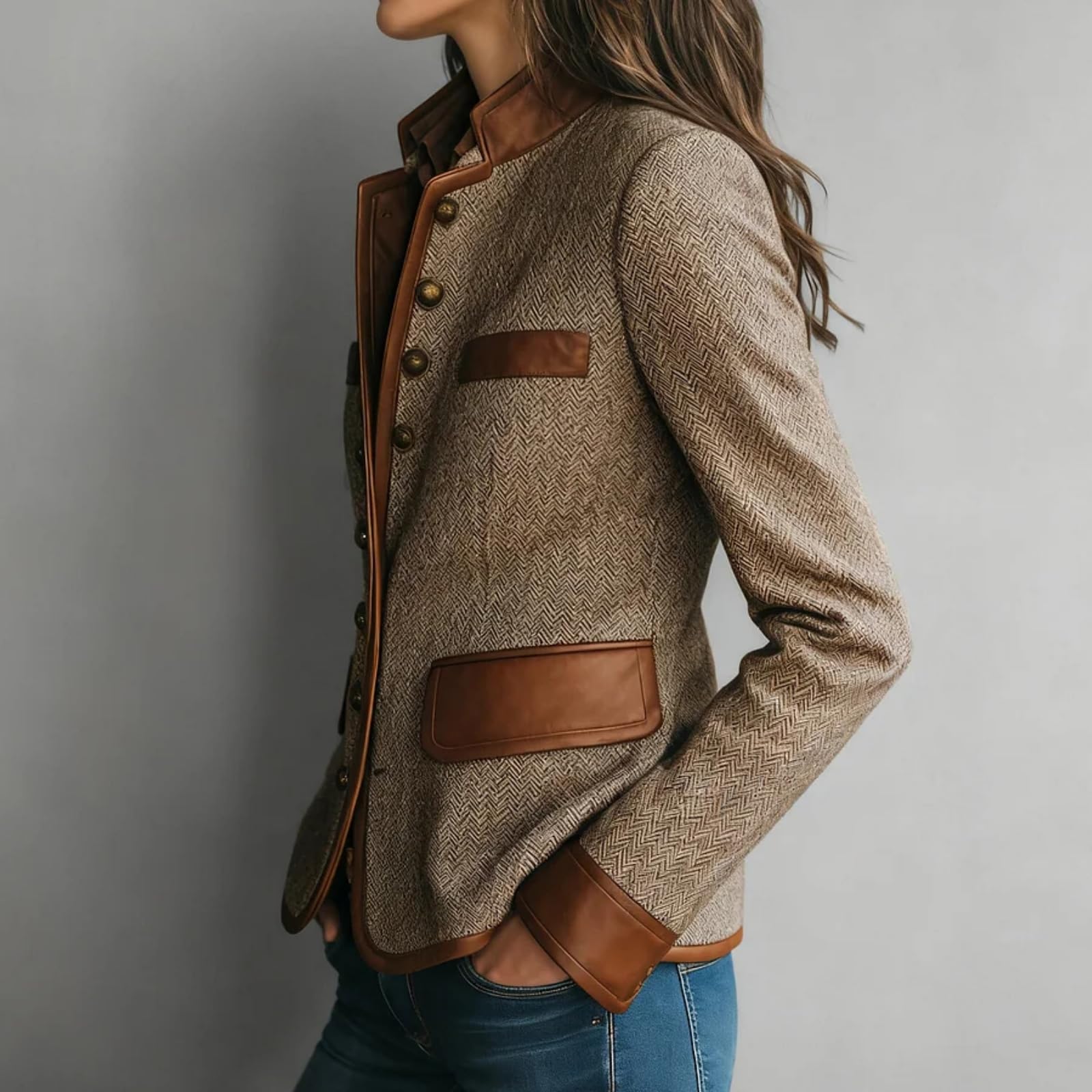 Tweed Blazers For Women, Vintage Eco Leather Trim Pocket Tweed Jacket Long Sleeve Stand Collar Slim Fit Herringbone Jackets (Brown,Medium)
