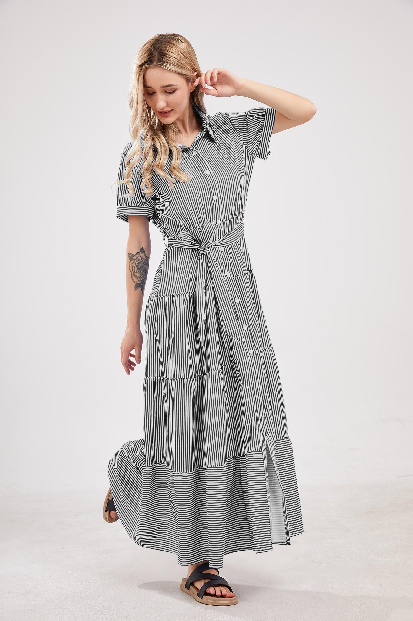 utcoco Womens Casual Short Sleeve Button Down Tie Waist Ruffled Striped Maxi Shirt Dress (Small, Black)