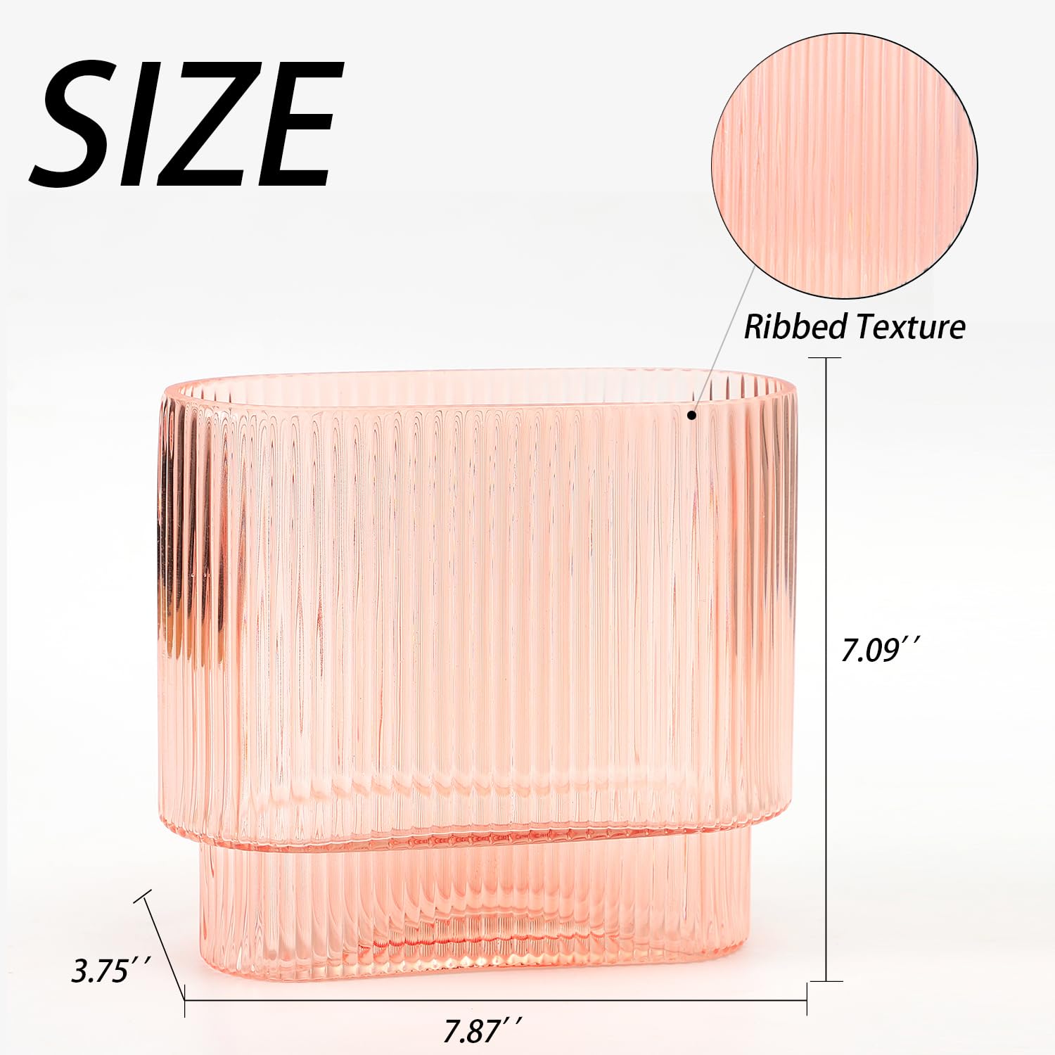 YANWE1 Ribbed Glass Vase, Pink Glass Vase, Fluted Glass Vases for Flower, Pink Modern Vases for Living Room, Dining Room, Bathroom, Desk, Shelf, Wedding, Office, 7 Inches