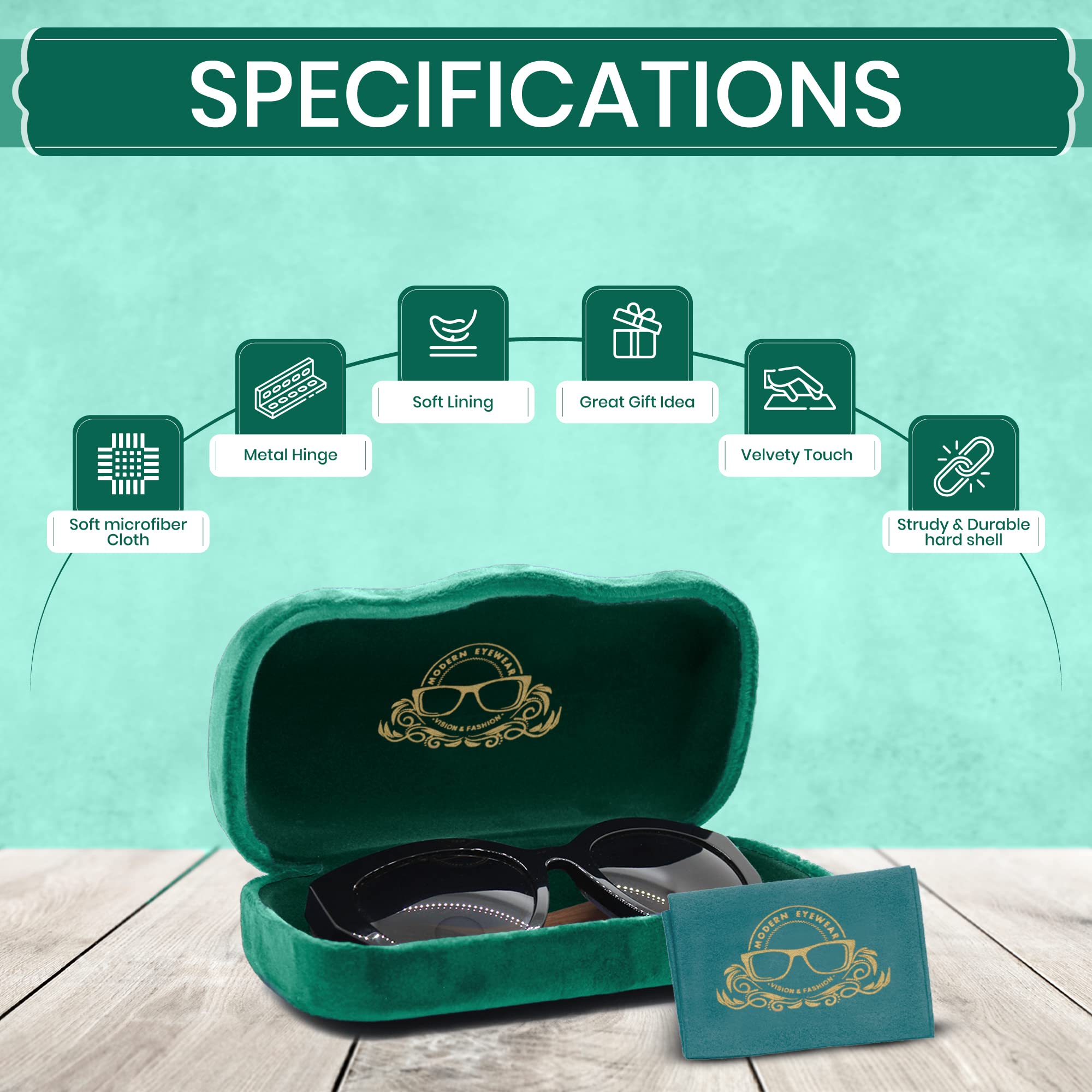 Modern Eyewear Large Hard Shell Glasses Case with Cleaning Cloth - Green Velvet Protective Eyeglass Case for Sunglasses & Reading Glasses - Lightweight, Crush-Resistant - Design for Men & Women