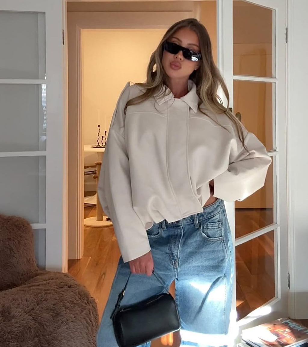 Bnigung Womens Faux Suede Bomber Jacket Casual Lapel Pilot Cropped Coat Oversized Motorcycle Jackets 2025 Outerwear(Beige-S)