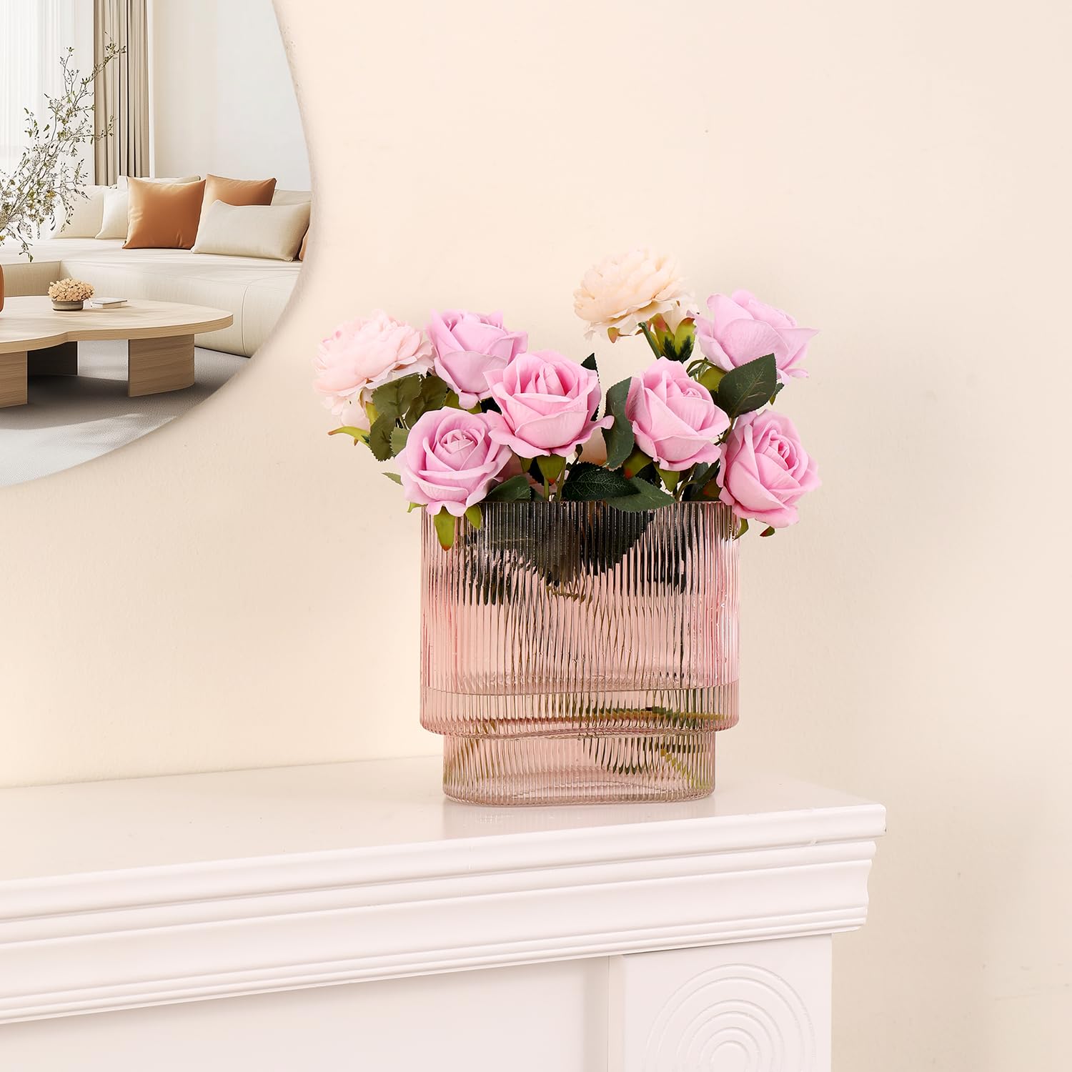 YANWE1 Ribbed Glass Vase, Pink Glass Vase, Fluted Glass Vases for Flower, Pink Modern Vases for Living Room, Dining Room, Bathroom, Desk, Shelf, Wedding, Office, 7 Inches