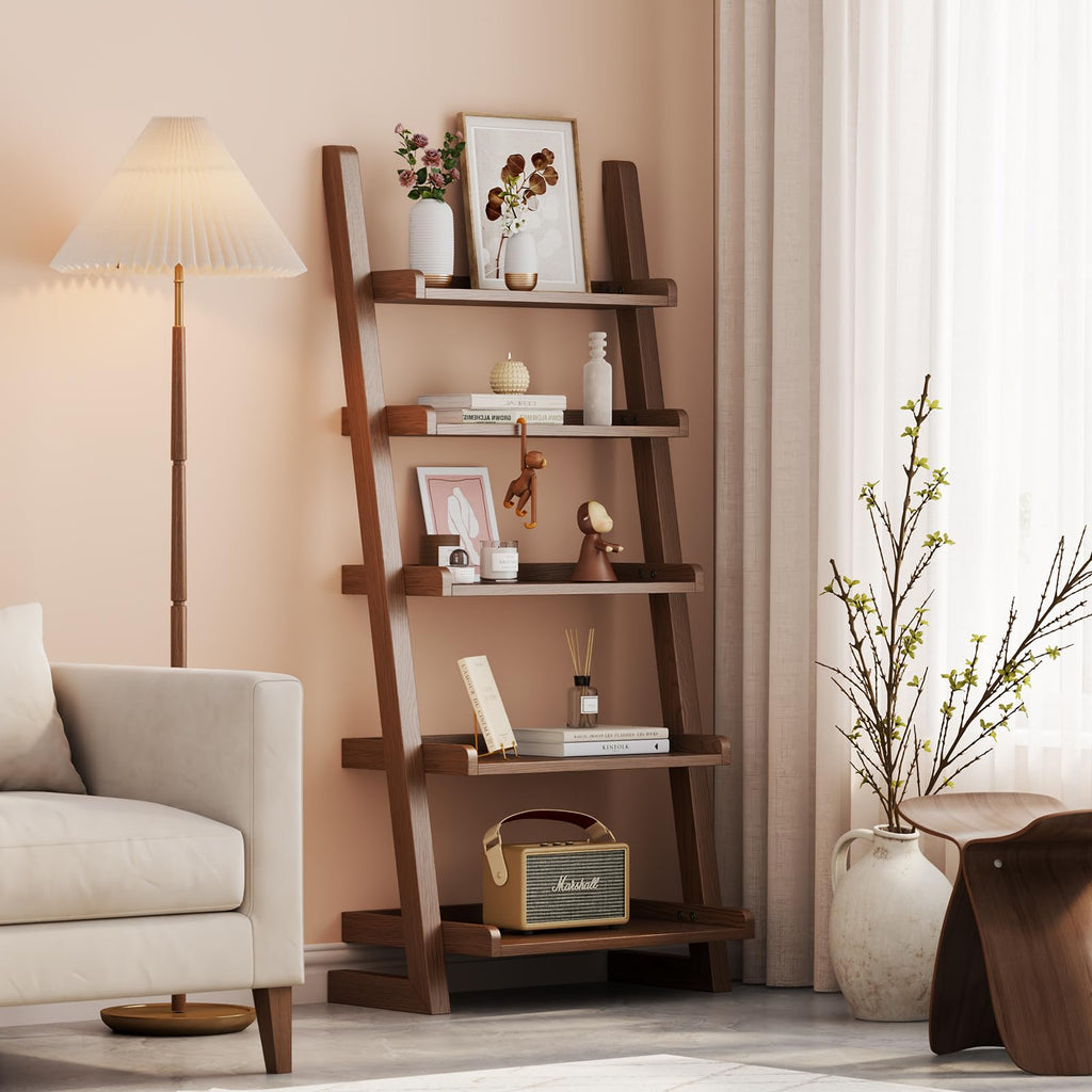 AQIMUELE Walnut Wooden Ladder Shelf with Edges, 5-Tier Modern Leaning Bookshelf Ladder – Stylish Space-Saving Bookcase for Living Room, Bedroom & Home Office