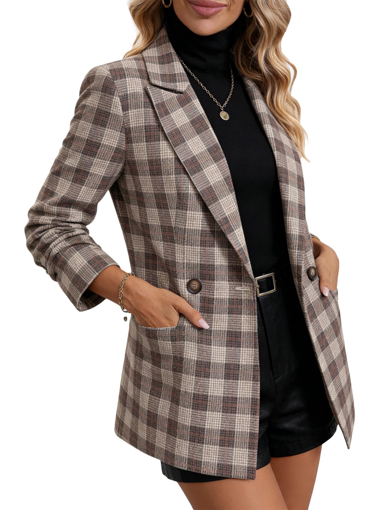 Mina Self Plaid Blazer Jacket for Women Houndstooth 2026 Fall Winter Business Caual Tan Brown Work Office Womens Trendy Boyfriend Professional Fashion Dressy Ladies Women's Blazers & Suit Jackets
